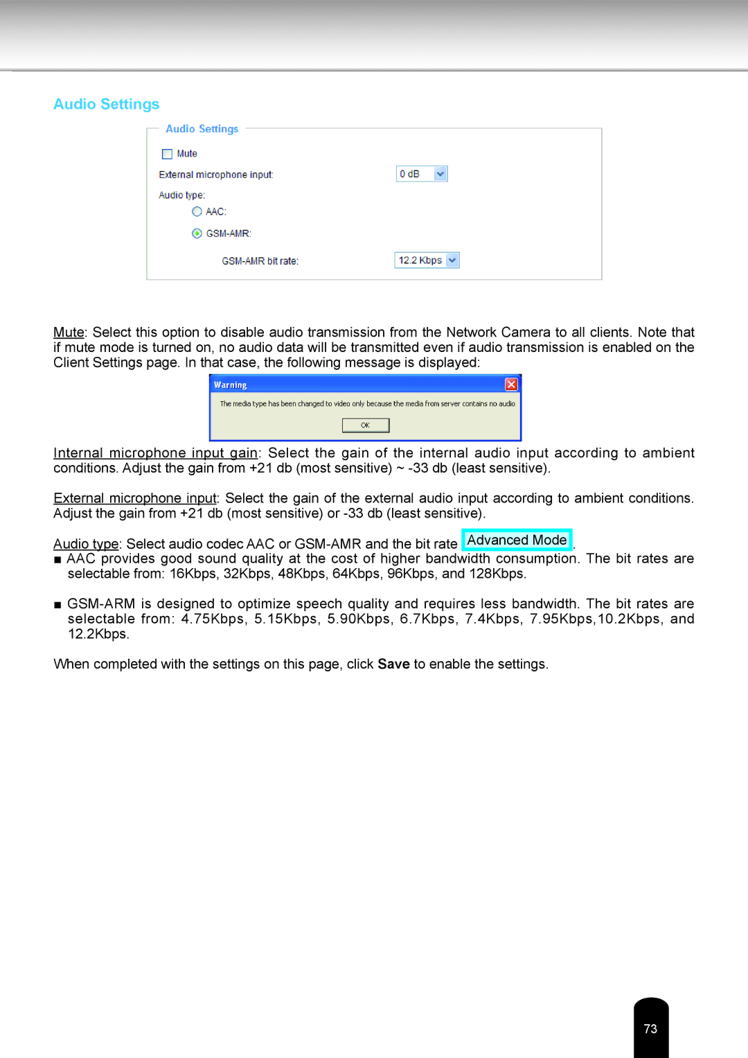 Toshiba IK-WD12A user manual Audio Settings 