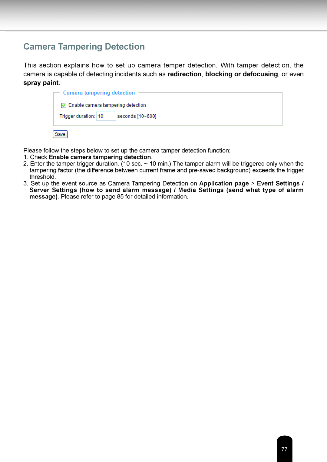 Toshiba IK-WD12A user manual Camera Tampering Detection, Check Enable camera tampering detection 