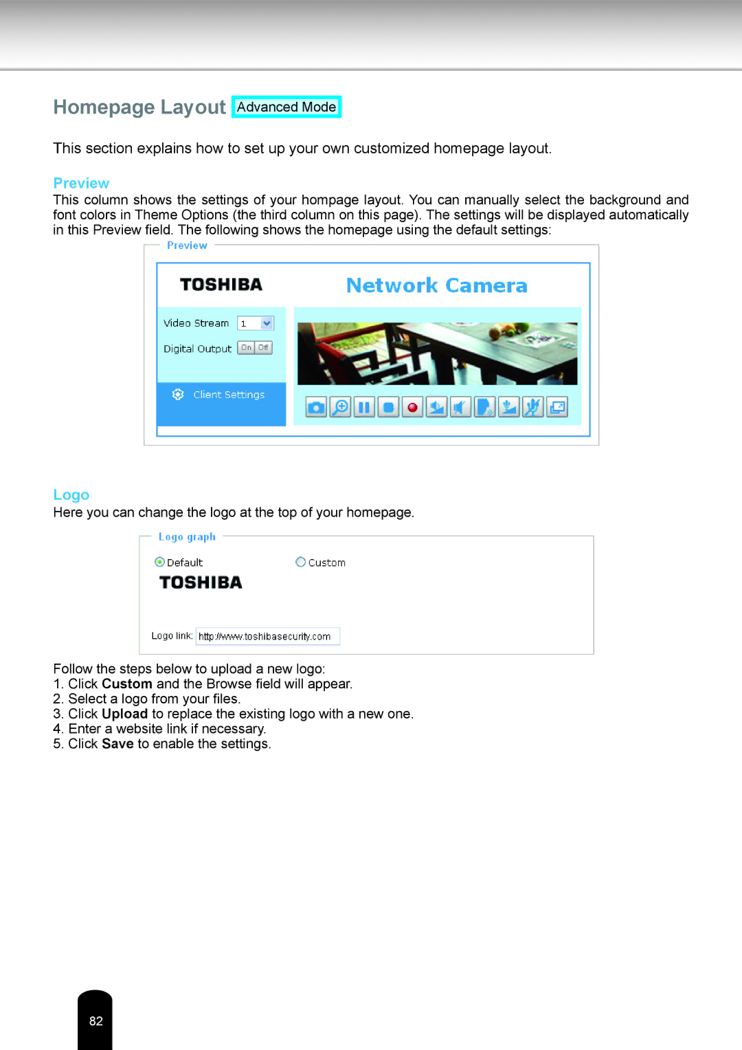 Toshiba IK-WD12A user manual Homepage Layout, Preview, Logo 