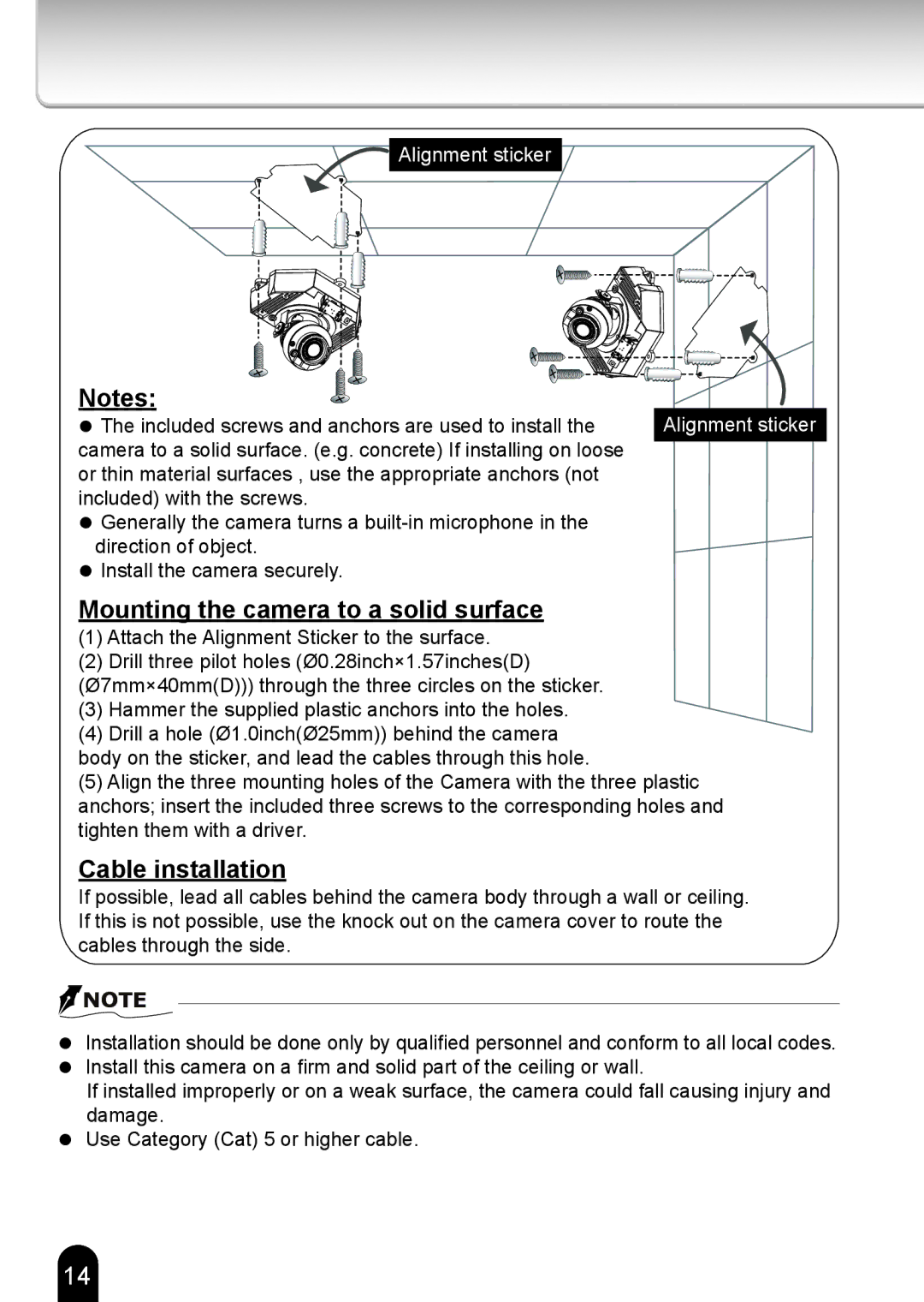 Toshiba IK-WD14A quick start Mounting the camera to a solid surface, Cable installation 