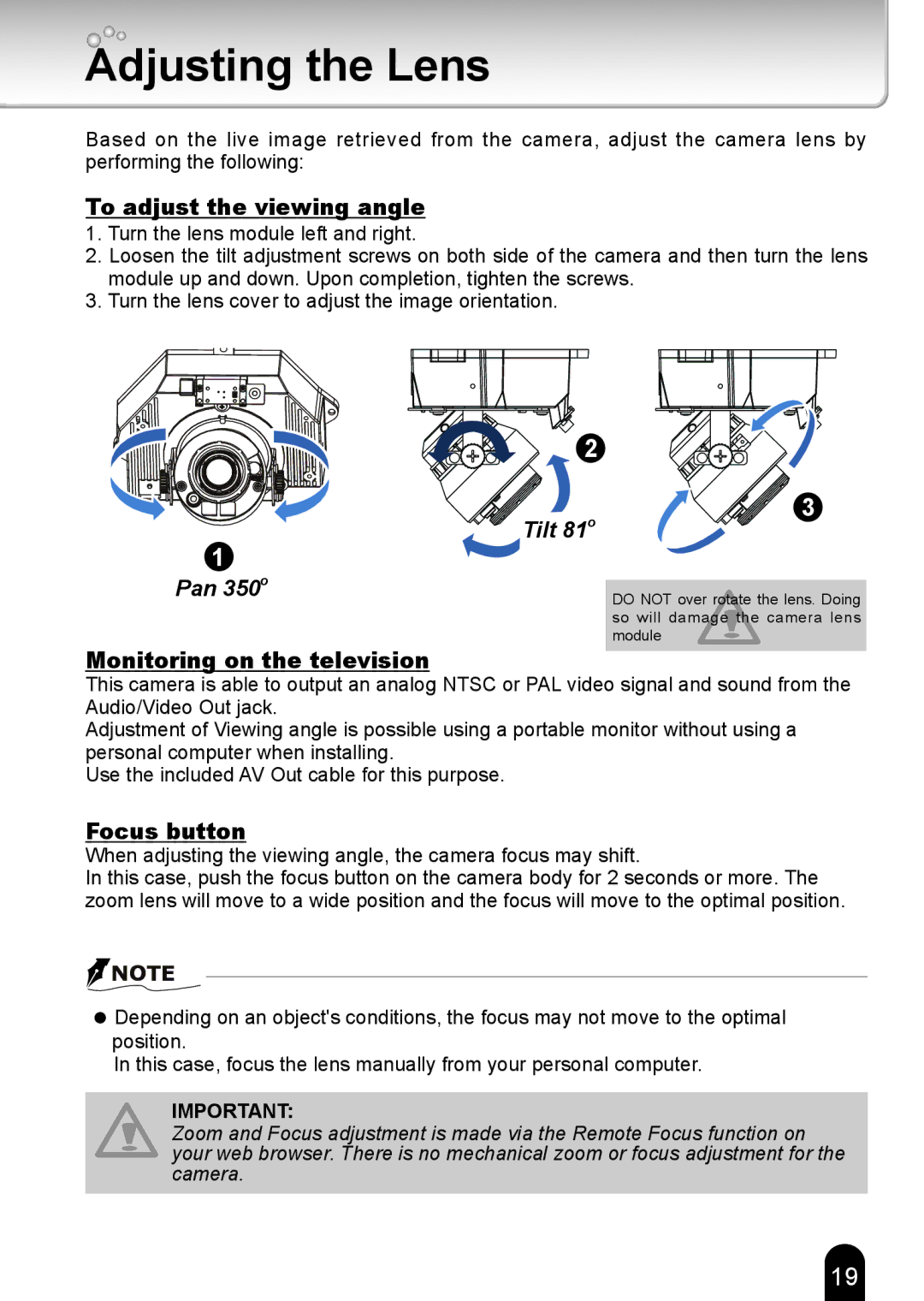 Toshiba IK-WD14A quick start Adjusting the Lens, To adjust the viewing angle 