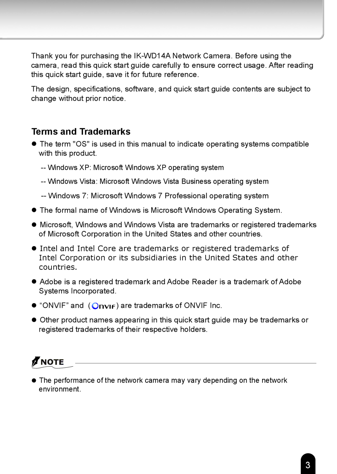 Toshiba IK-WD14A quick start Terms and Trademarks 