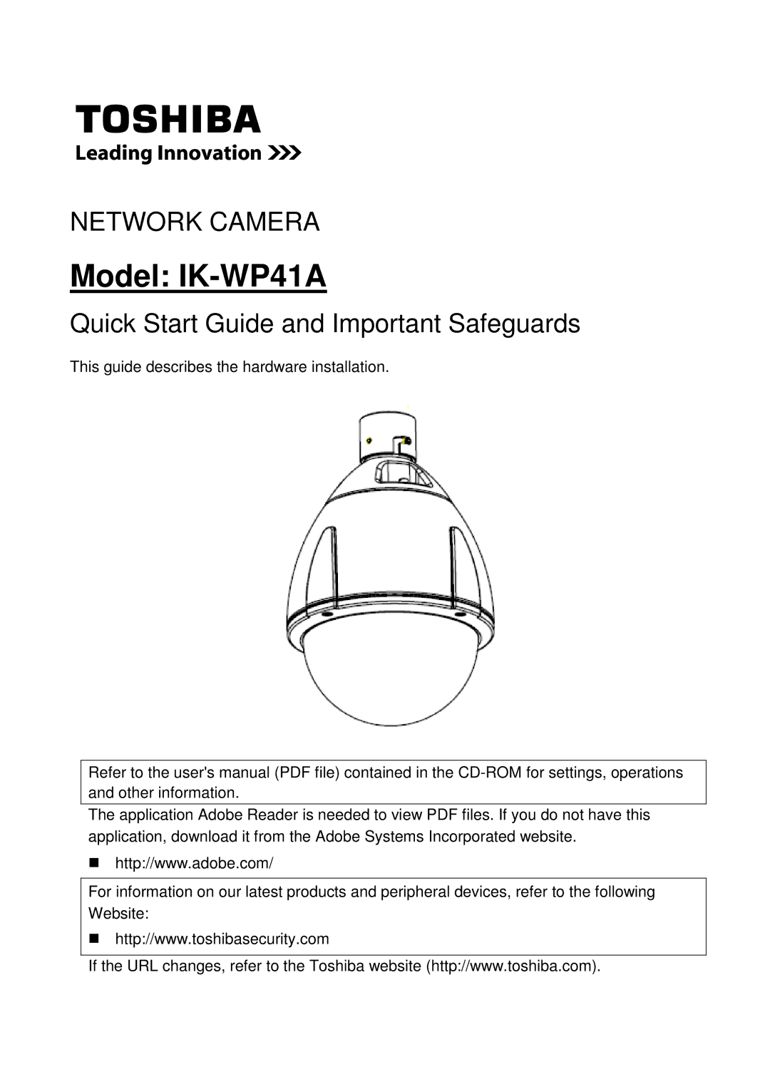 Toshiba Network Camera quick start Model IK-WP41A 