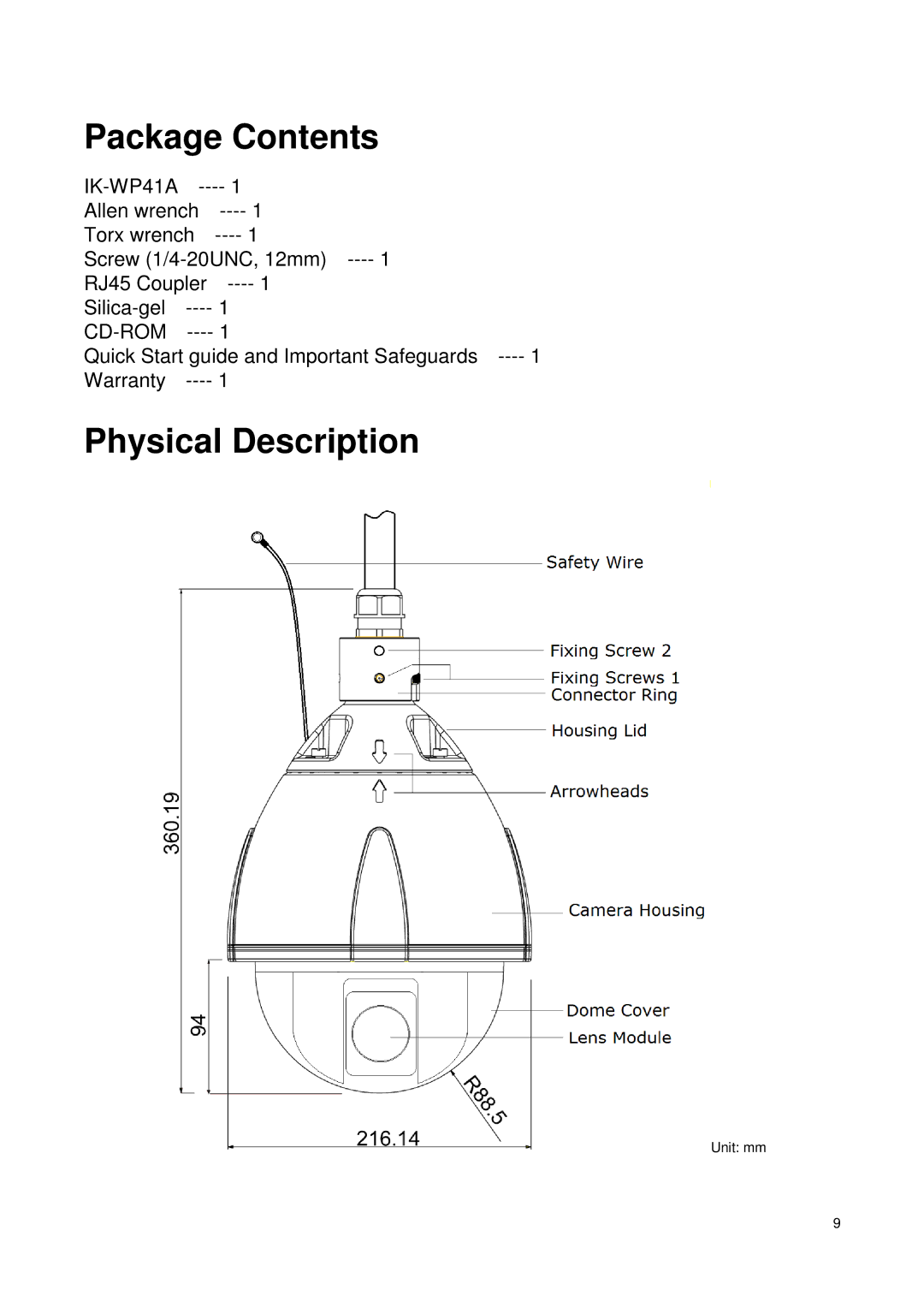 Toshiba IK-WP41A, Network Camera quick start Package Contents, Physical Description 