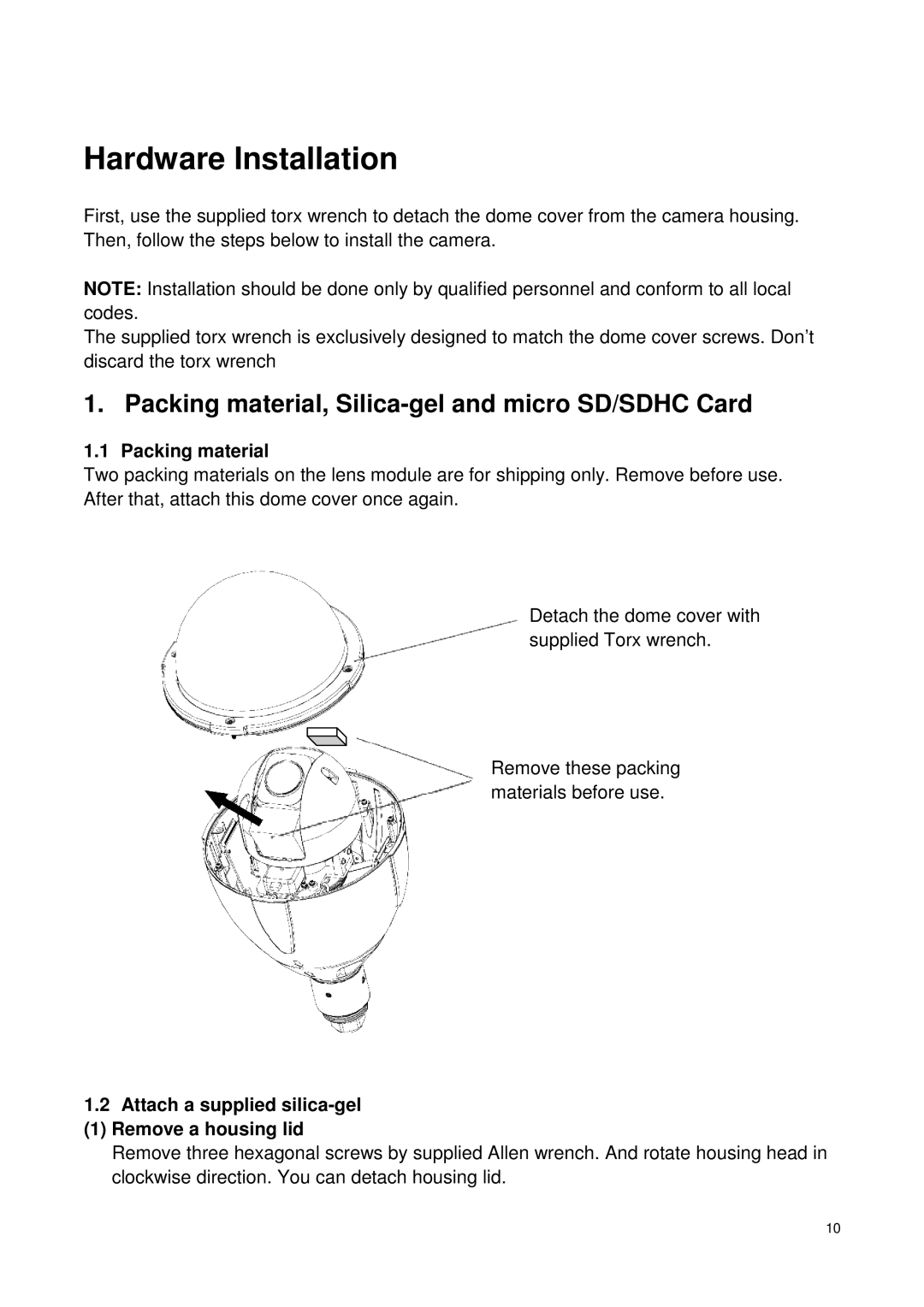 Toshiba Network Camera, IK-WP41A quick start Packing material, Attach a supplied silica-gel Remove a housing lid 