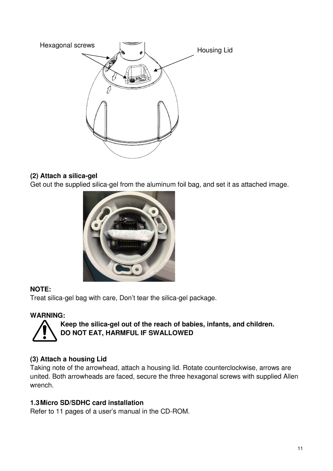 Toshiba IK-WP41A, Network Camera quick start Attach a silica-gel, Attach a housing Lid, Micro SD/SDHC card installation 