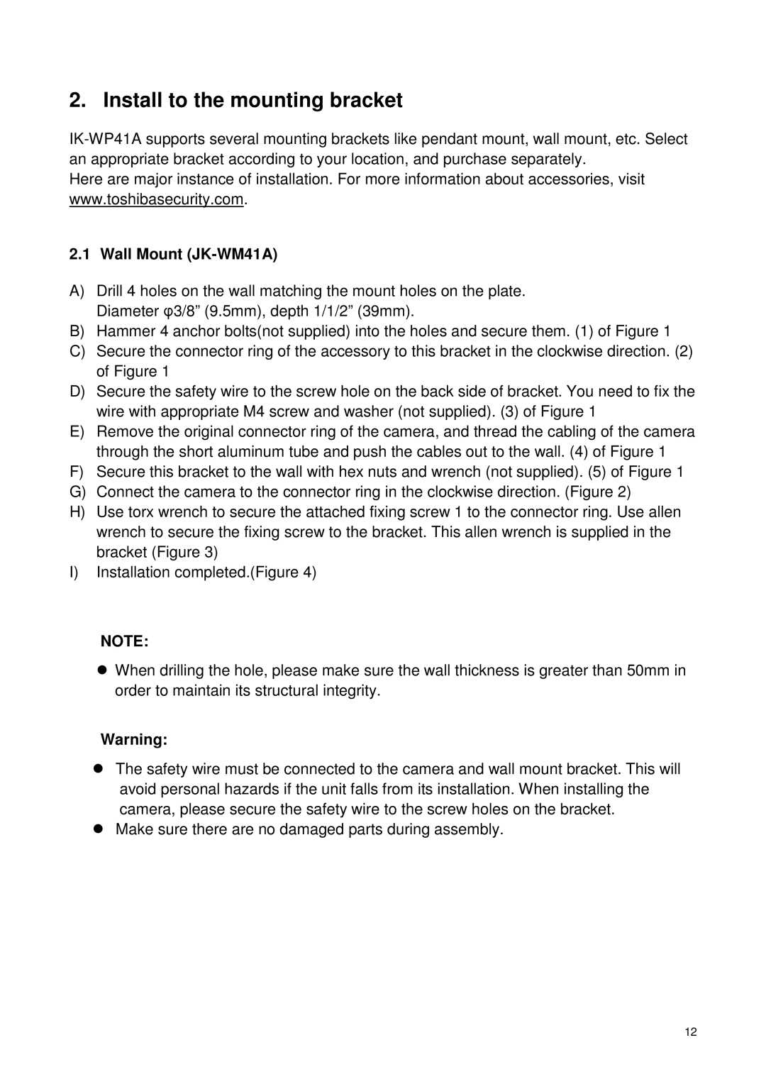 Toshiba Network Camera, IK-WP41A quick start Install to the mounting bracket, Wall Mount JK-WM41A 