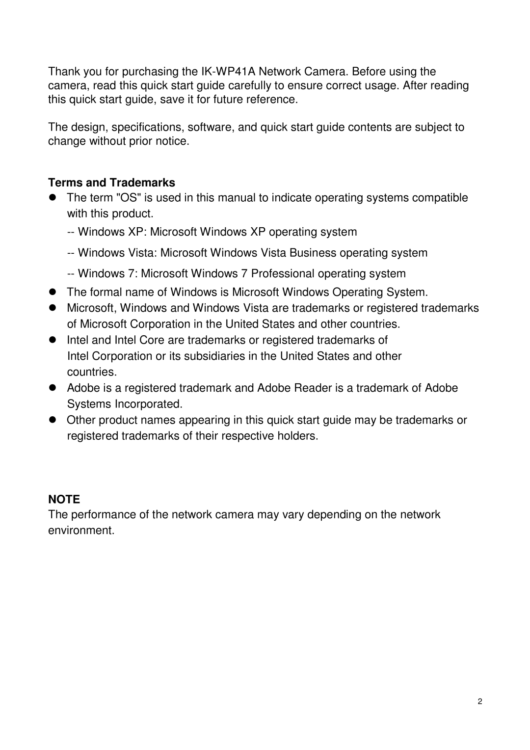 Toshiba Network Camera, IK-WP41A quick start Terms and Trademarks 