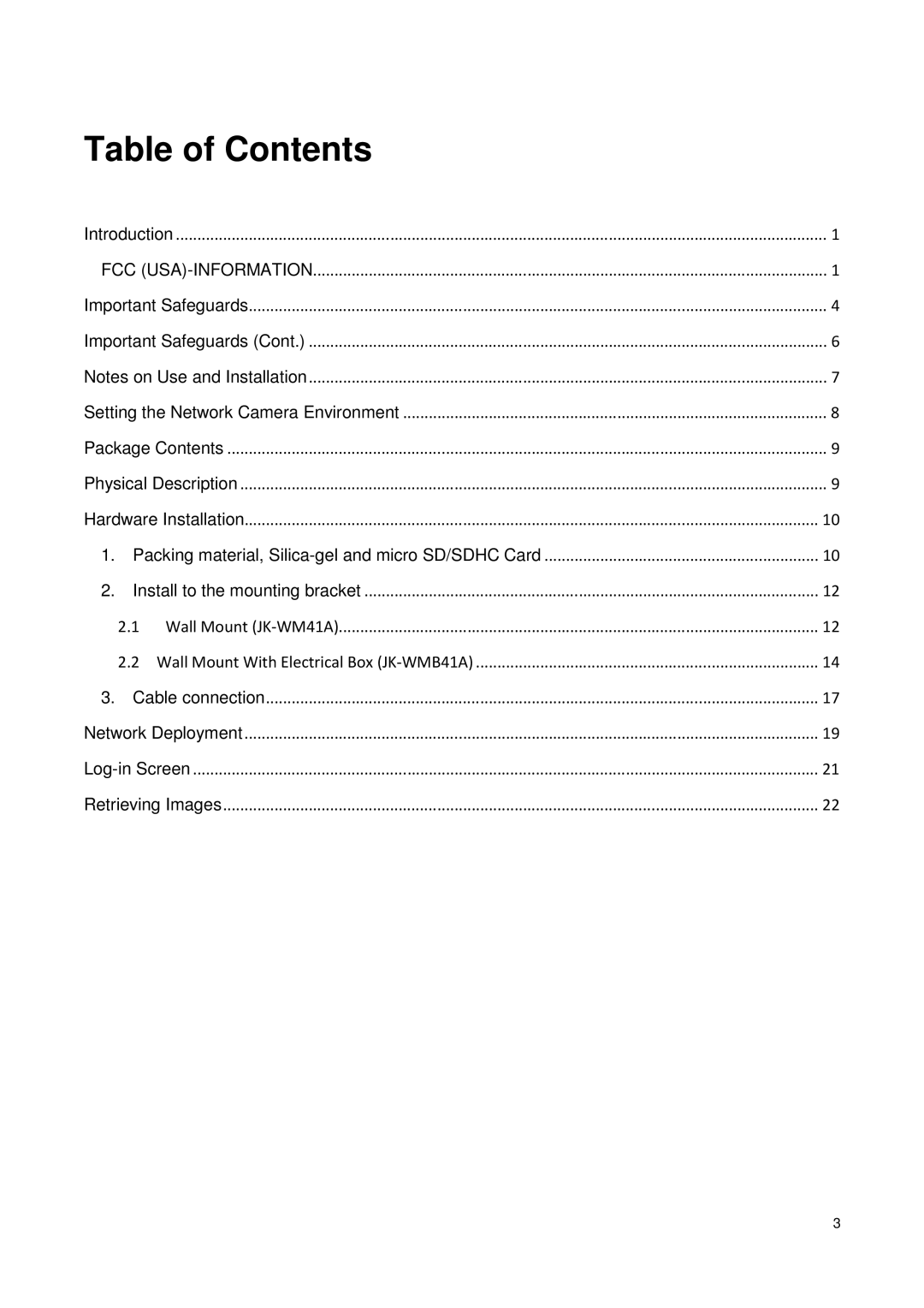 Toshiba IK-WP41A, Network Camera quick start Table of Contents 