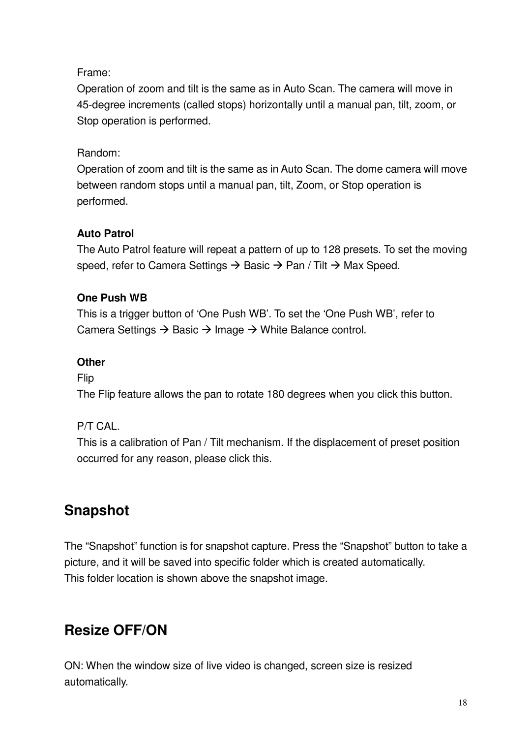 Toshiba Network Camera, IK-WP41A user manual Snapshot, Resize OFF/ON, Auto Patrol, One Push WB, Other 