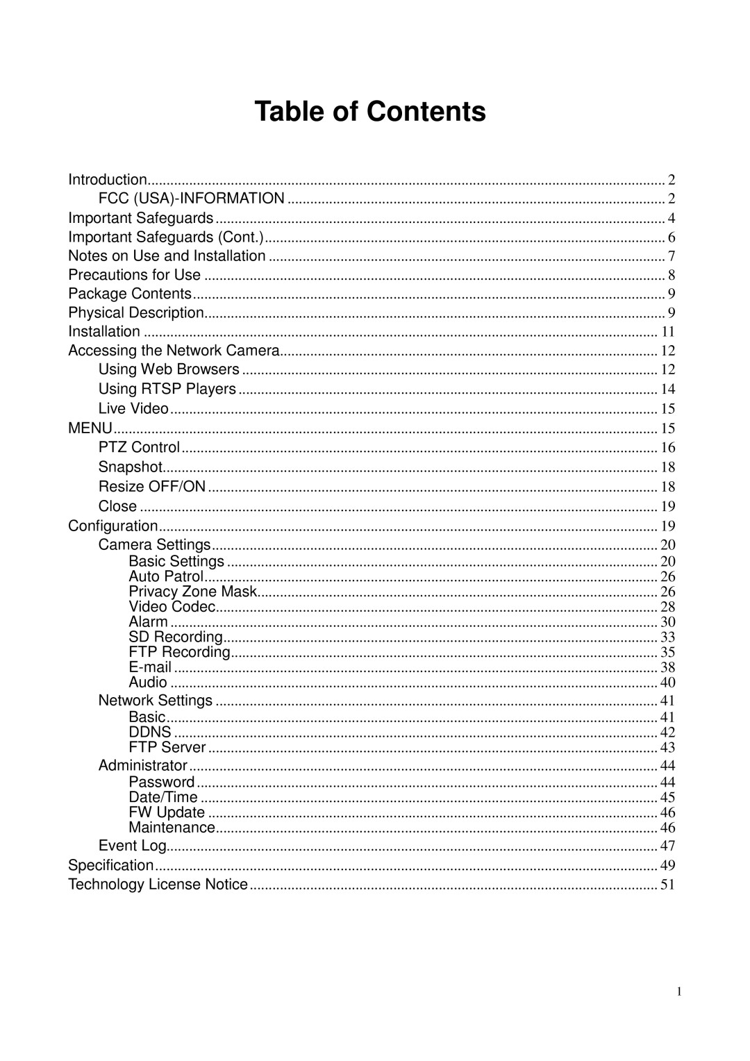 Toshiba IK-WP41A, Network Camera user manual Table of Contents 