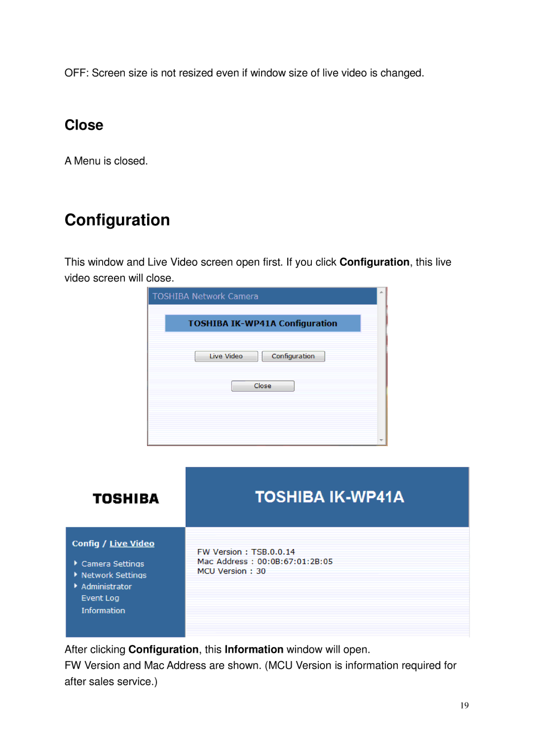 Toshiba IK-WP41A, Network Camera user manual Configuration, Close 