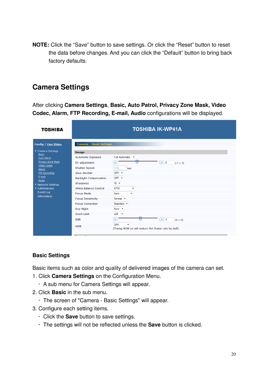 Toshiba Network Camera, IK-WP41A user manual Camera Settings 