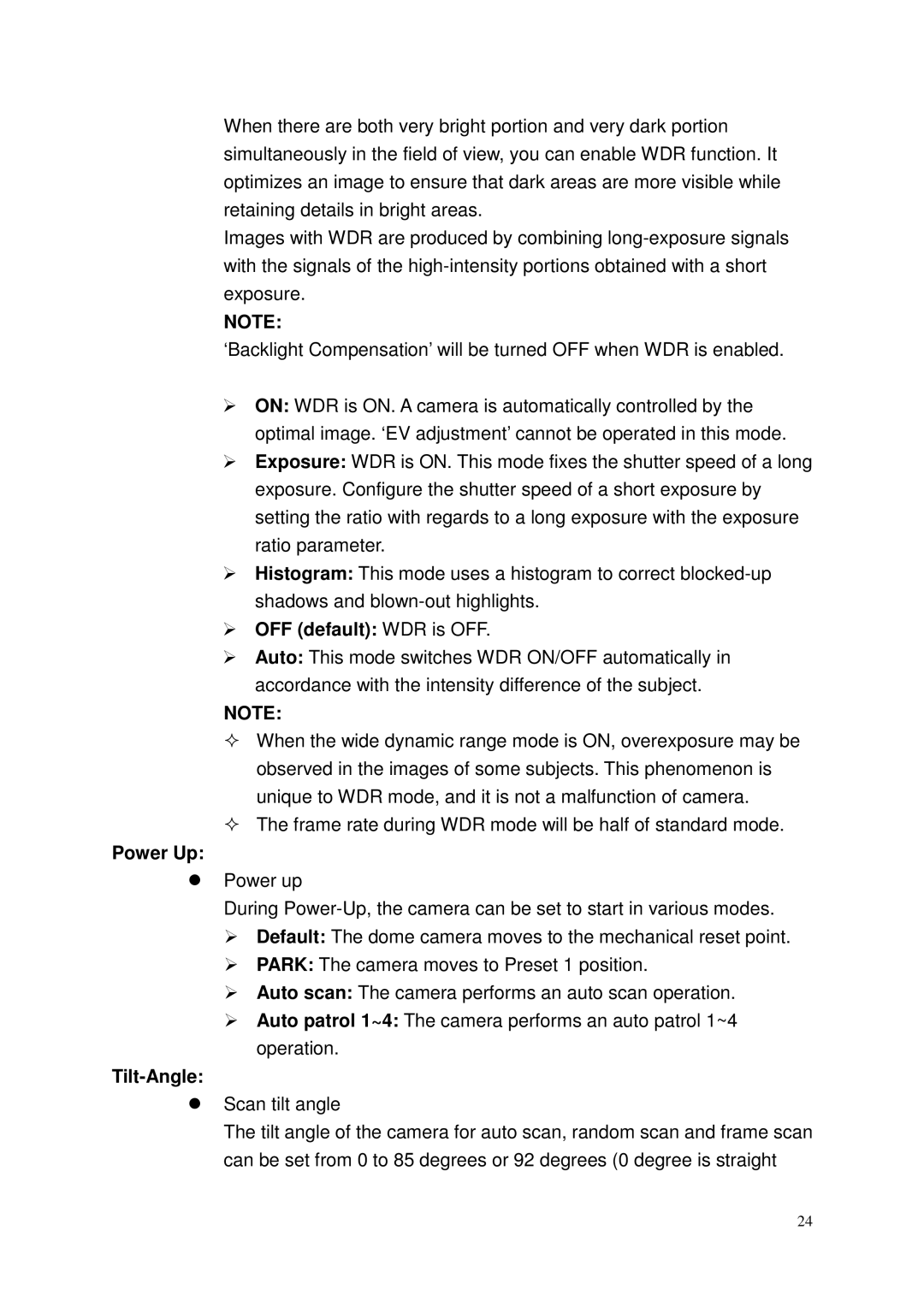 Toshiba Network Camera, IK-WP41A user manual OFF default WDR is OFF, Power Up, Tilt-Angle 