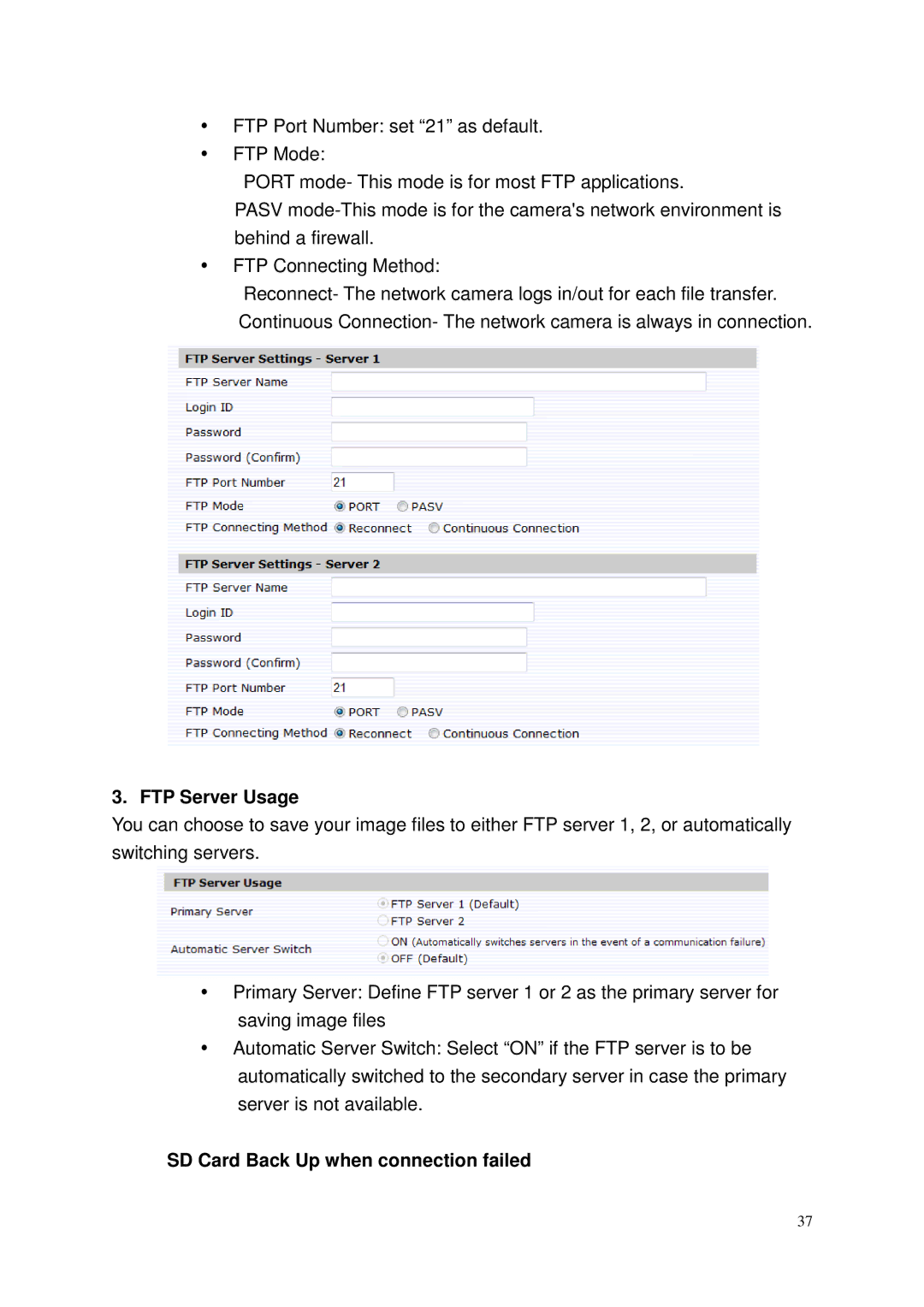 Toshiba IK-WP41A, Network Camera user manual FTP Server Usage, SD Card Back Up when connection failed 