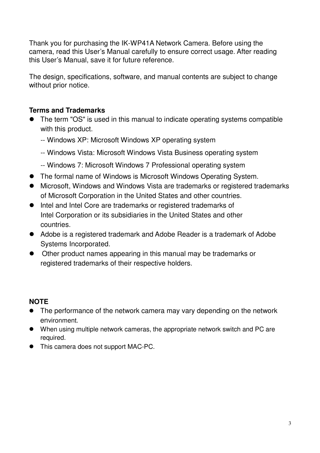 Toshiba IK-WP41A, Network Camera user manual Terms and Trademarks 