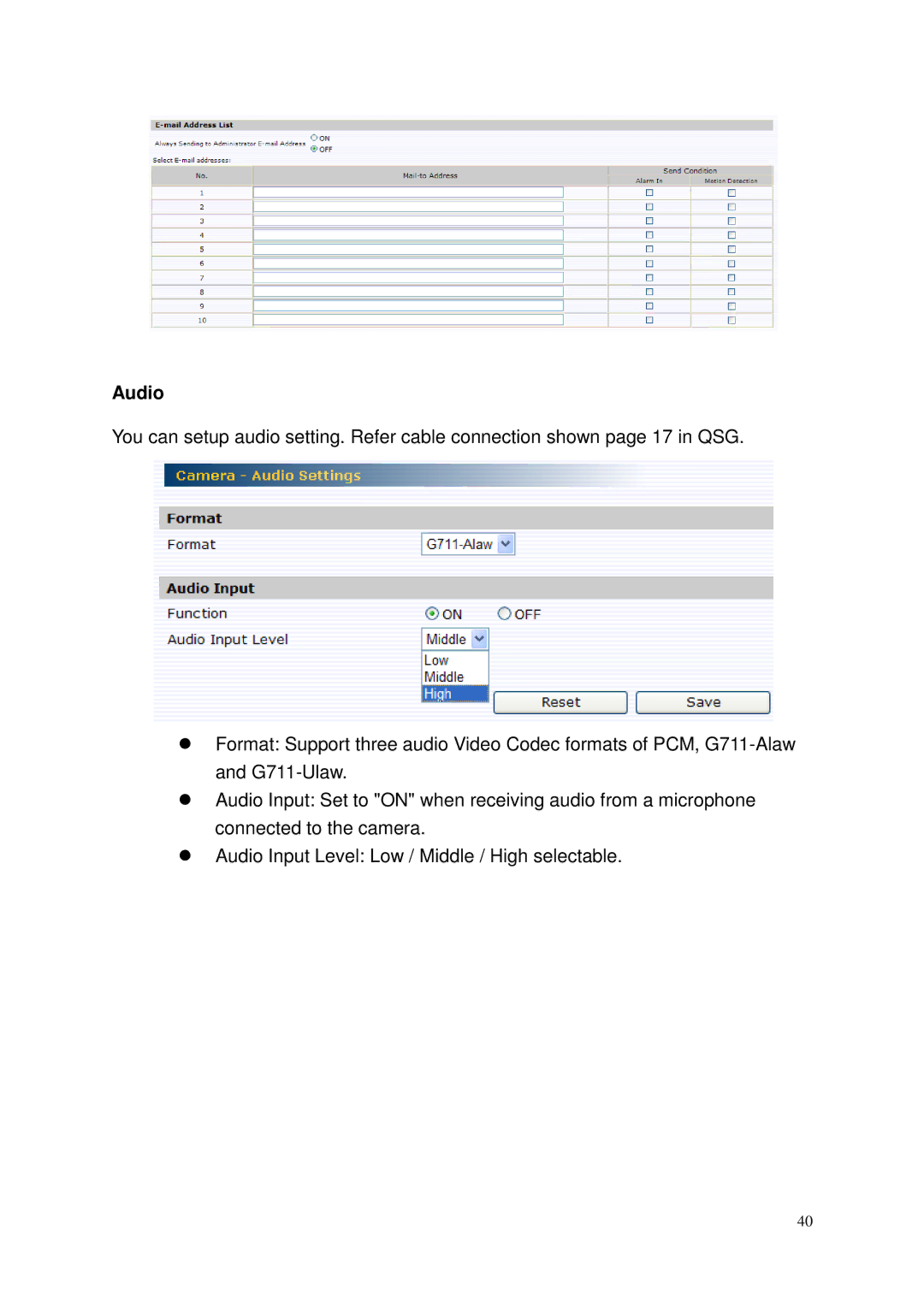 Toshiba Network Camera, IK-WP41A user manual Audio 