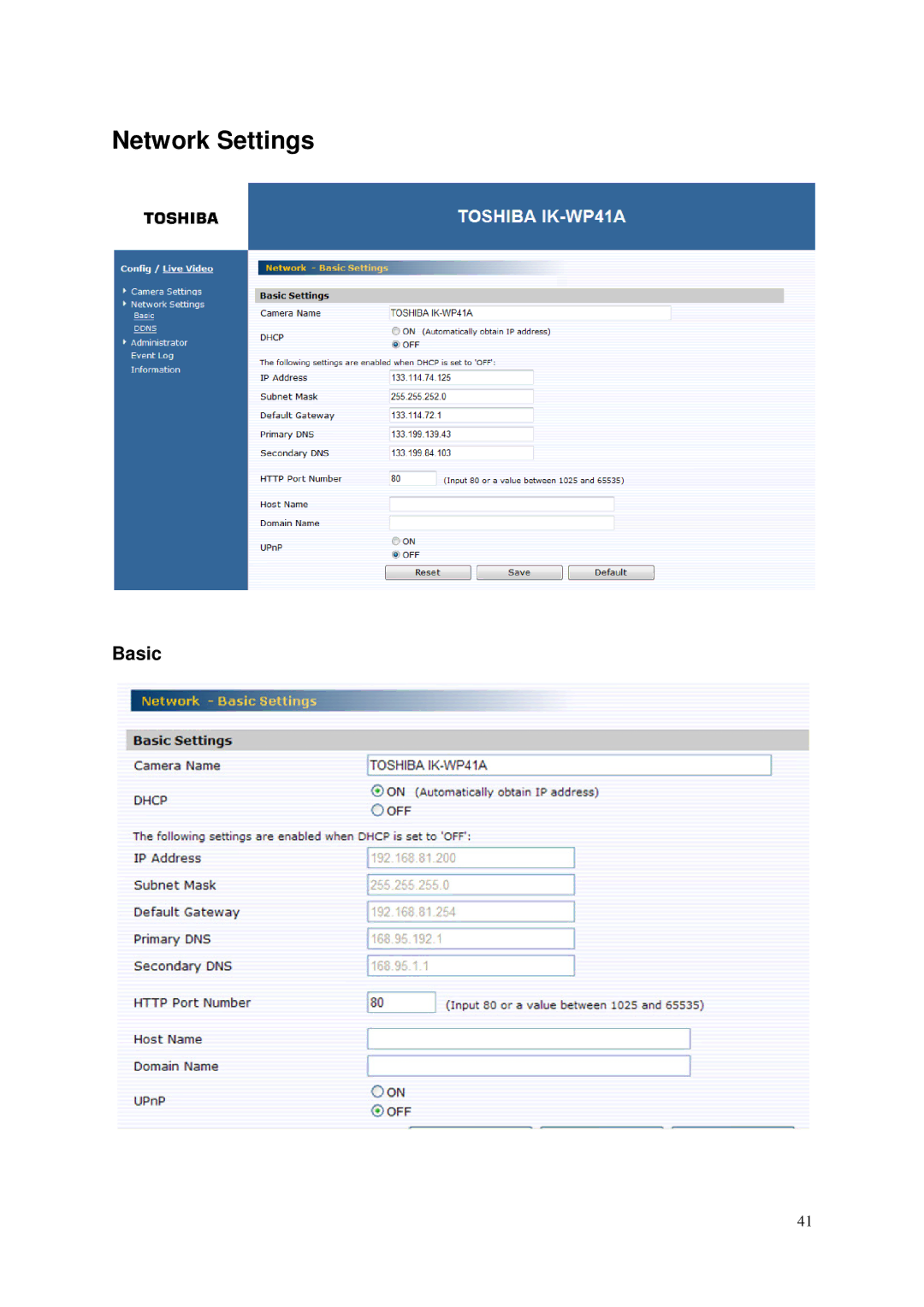 Toshiba IK-WP41A, Network Camera user manual Network Settings, Basic 