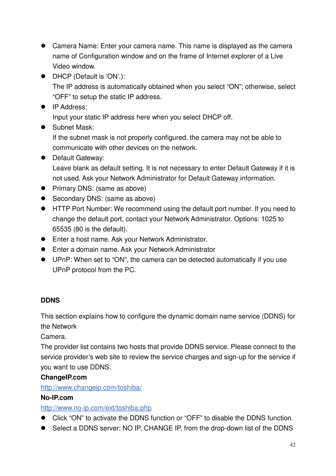 Toshiba Network Camera, IK-WP41A user manual Ddns, ChangeIP.com No-IP.com 