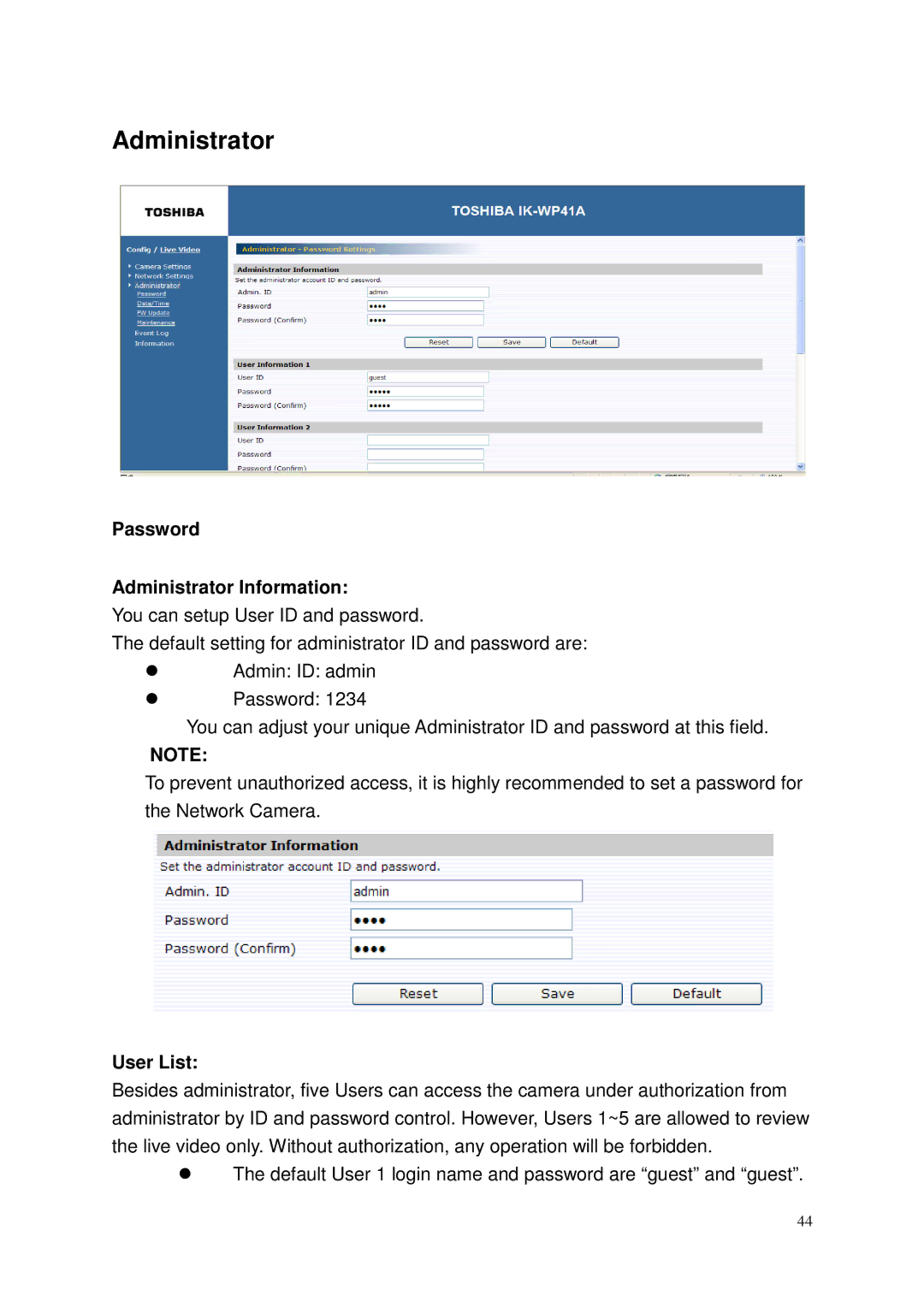 Toshiba Network Camera, IK-WP41A user manual Password Administrator Information, User List 