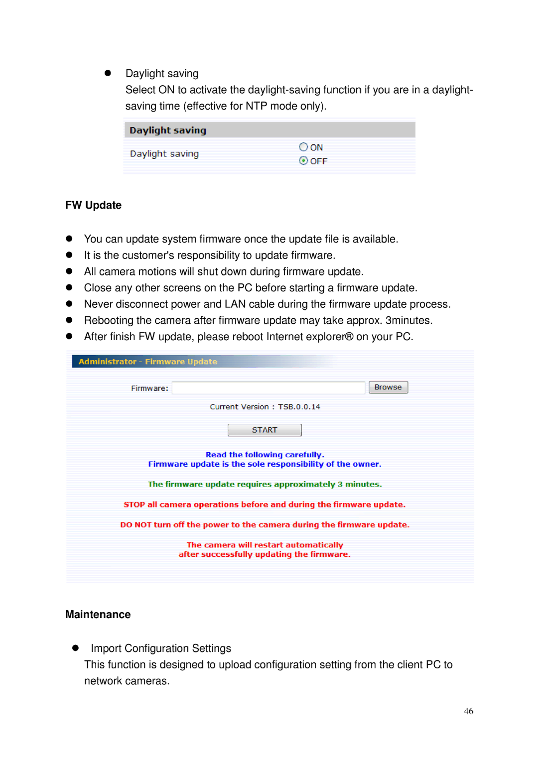 Toshiba Network Camera, IK-WP41A user manual FW Update, Maintenance 