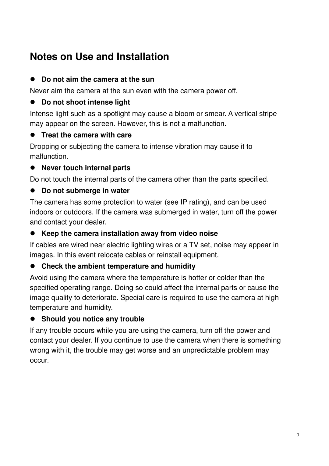 Toshiba IK-WP41A, Network Camera user manual Do not aim the camera at the sun 