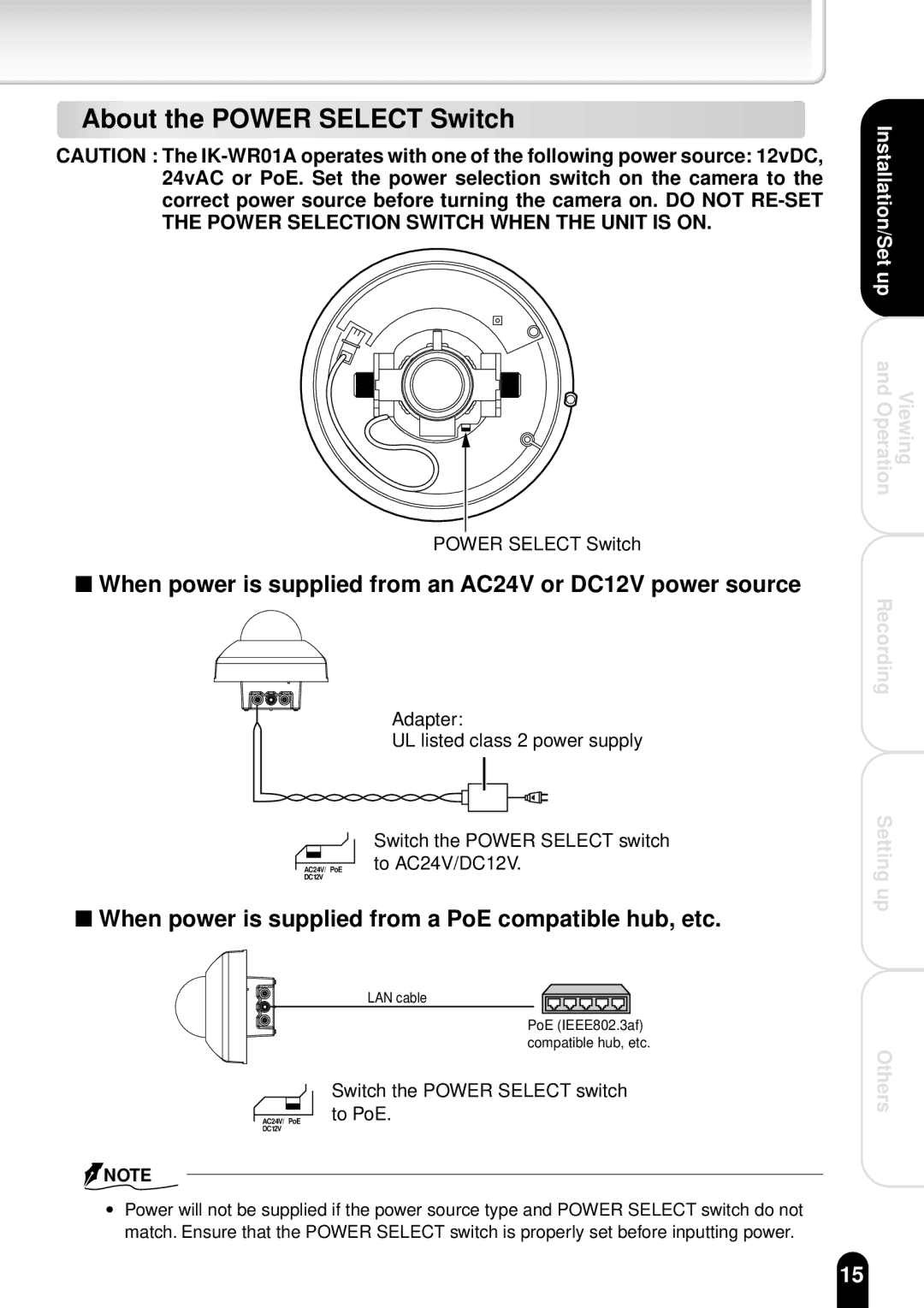 Toshiba IK-WR01A operation manual About the Power Select Switch, When power is supplied from an AC24V or DC12V power source 