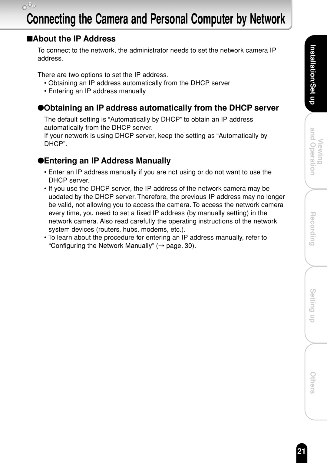 Toshiba IK-WR01A operation manual About the IP Address, Obtaining an IP address automatically from the Dhcp server 