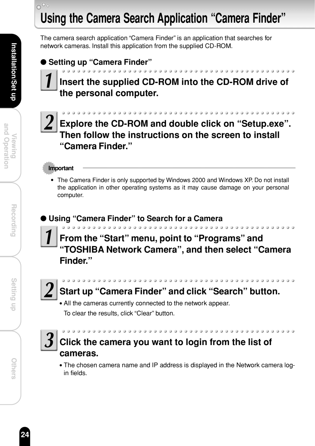 Toshiba IK-WR01A operation manual Click the camera you want to login from the list of cameras, Setting up Camera Finder 