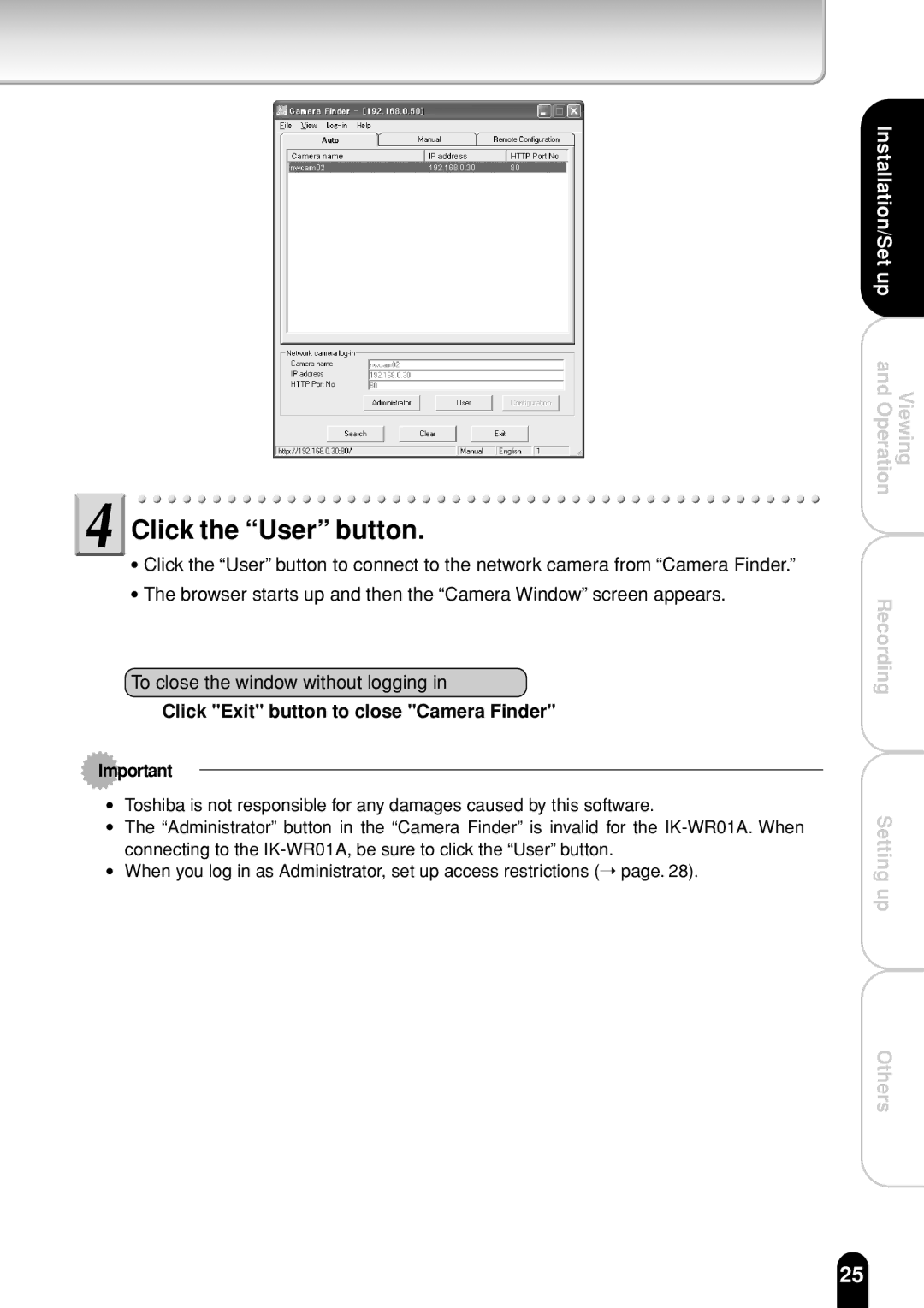 Toshiba IK-WR01A operation manual Click the User button, Click Exit button to close Camera Finder 