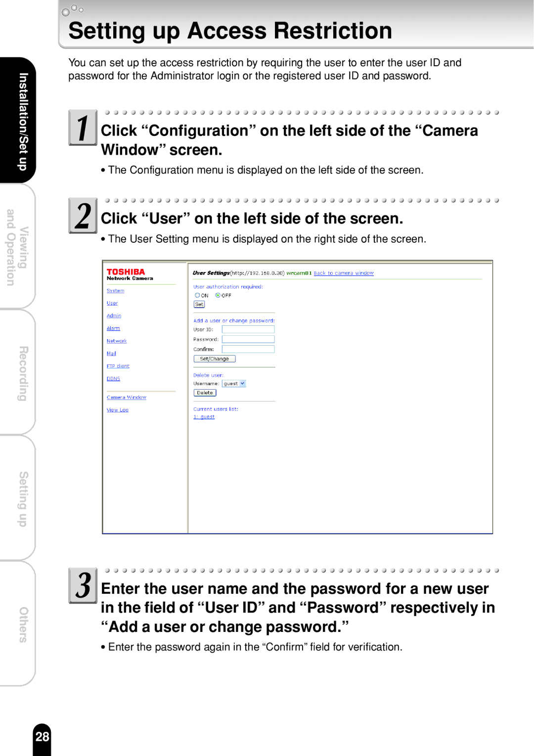 Toshiba IK-WR01A operation manual Setting up Access Restriction, Click User on the left side of the screen 