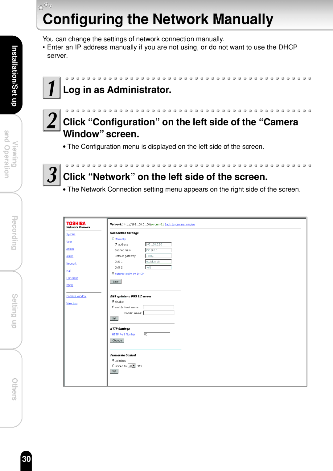 Toshiba IK-WR01A operation manual Configuring the Network Manually, Click Network on the left side of the screen 