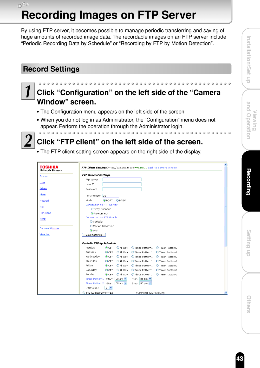 Toshiba IK-WR01A operation manual Recording Images on FTP Server, Click FTP client on the left side of the screen 