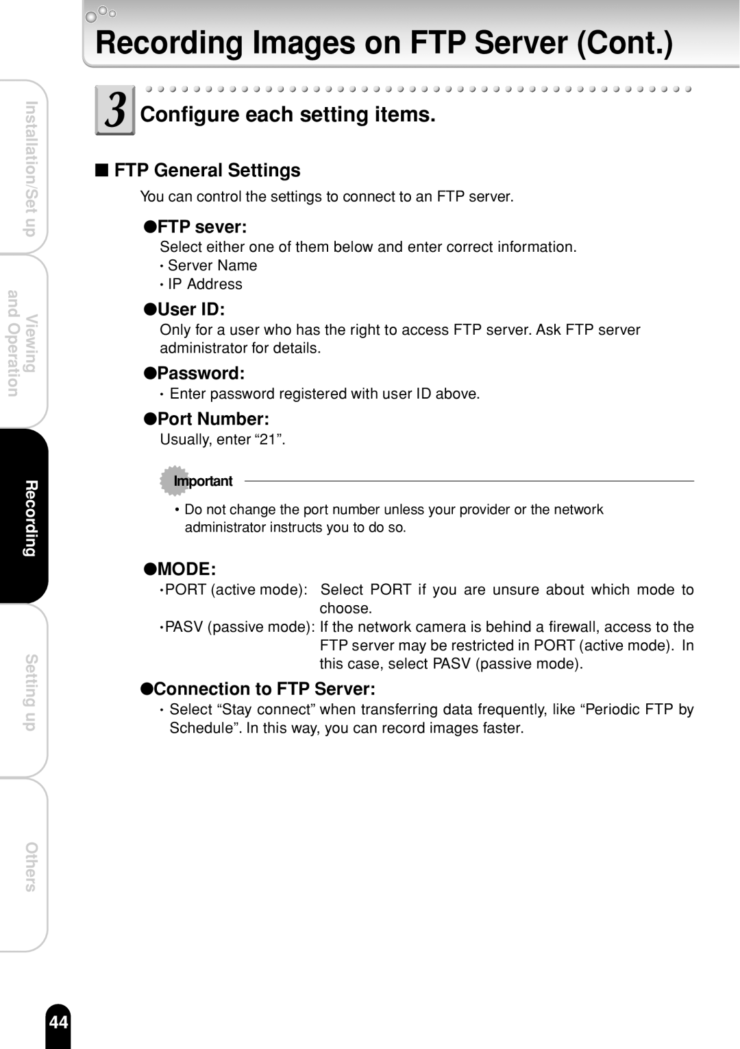 Toshiba IK-WR01A operation manual Configure each setting items, FTP General Settings 