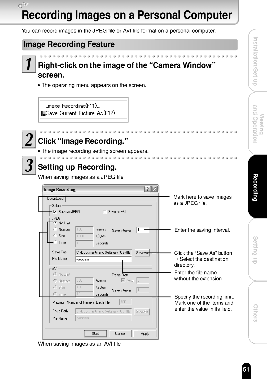 Toshiba IK-WR01A operation manual Click Image Recording, Setting up Recording 