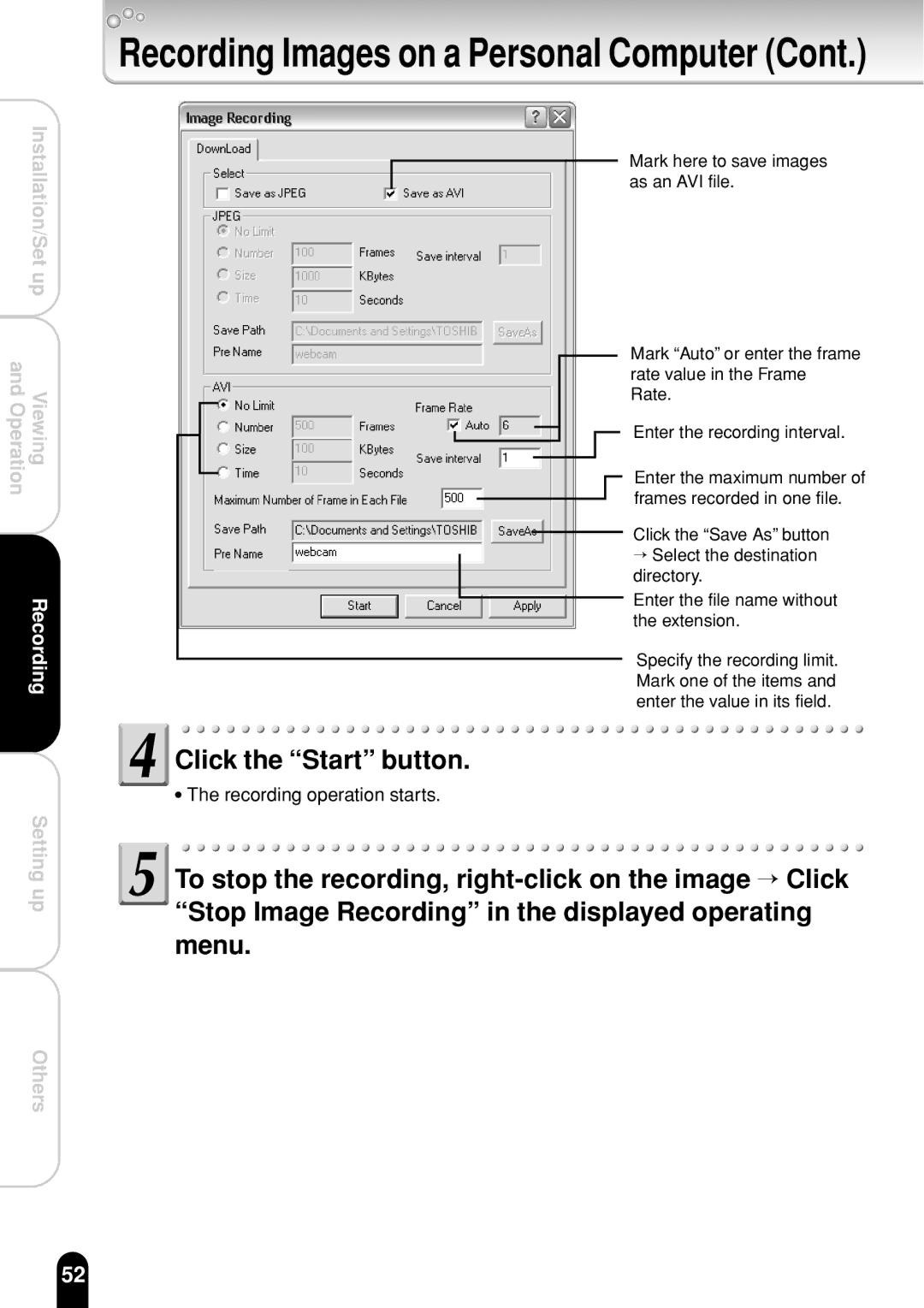 Toshiba IK-WR01A operation manual Recording Images on a Personal Computer, Click the Start button 