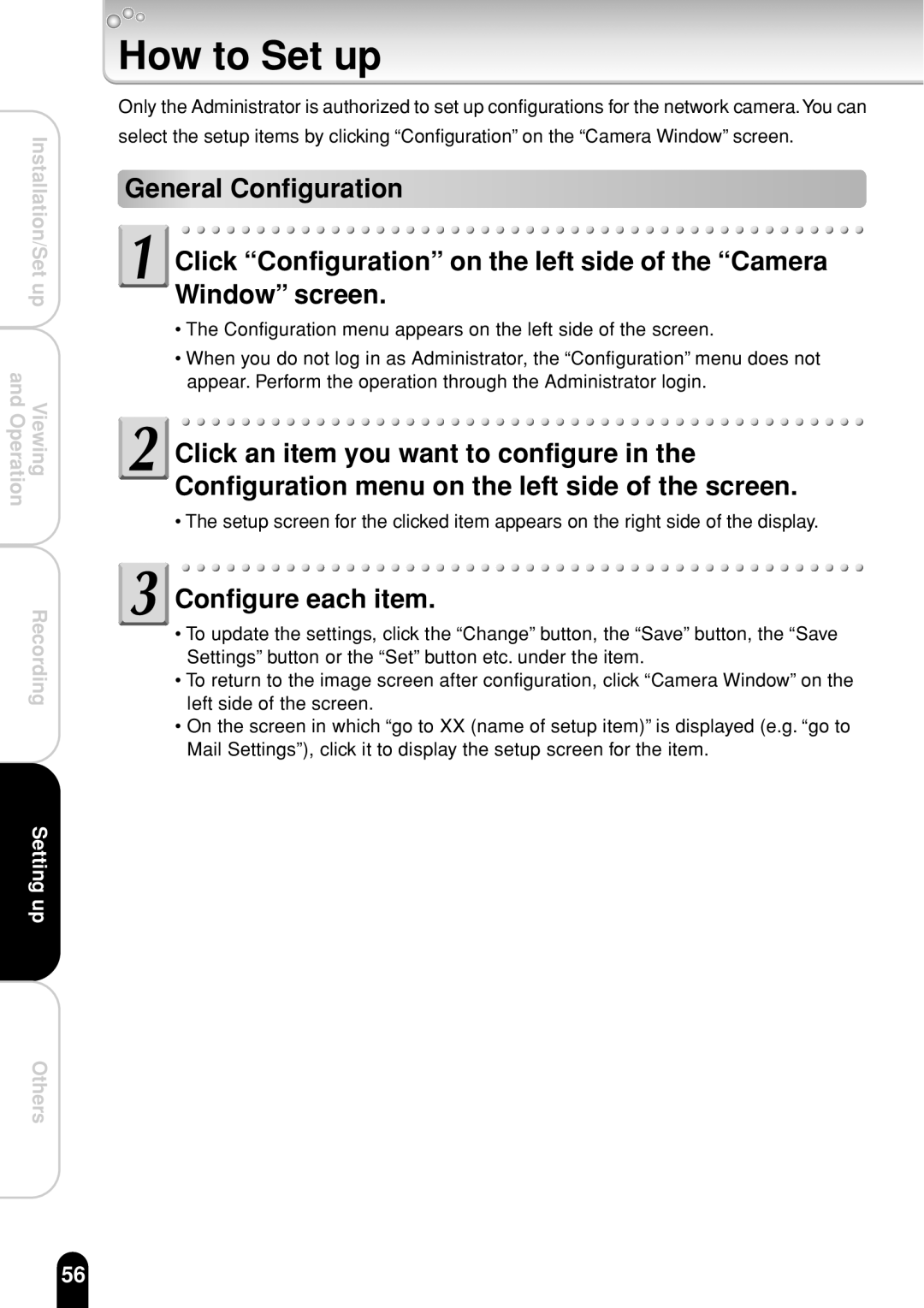 Toshiba IK-WR01A operation manual How to Set up, Configure each item 