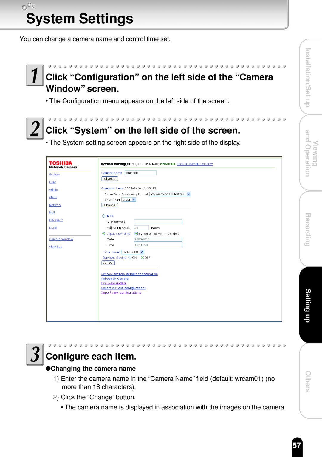 Toshiba IK-WR01A operation manual System Settings, Click System on the left side of the screen, Changing the camera name 