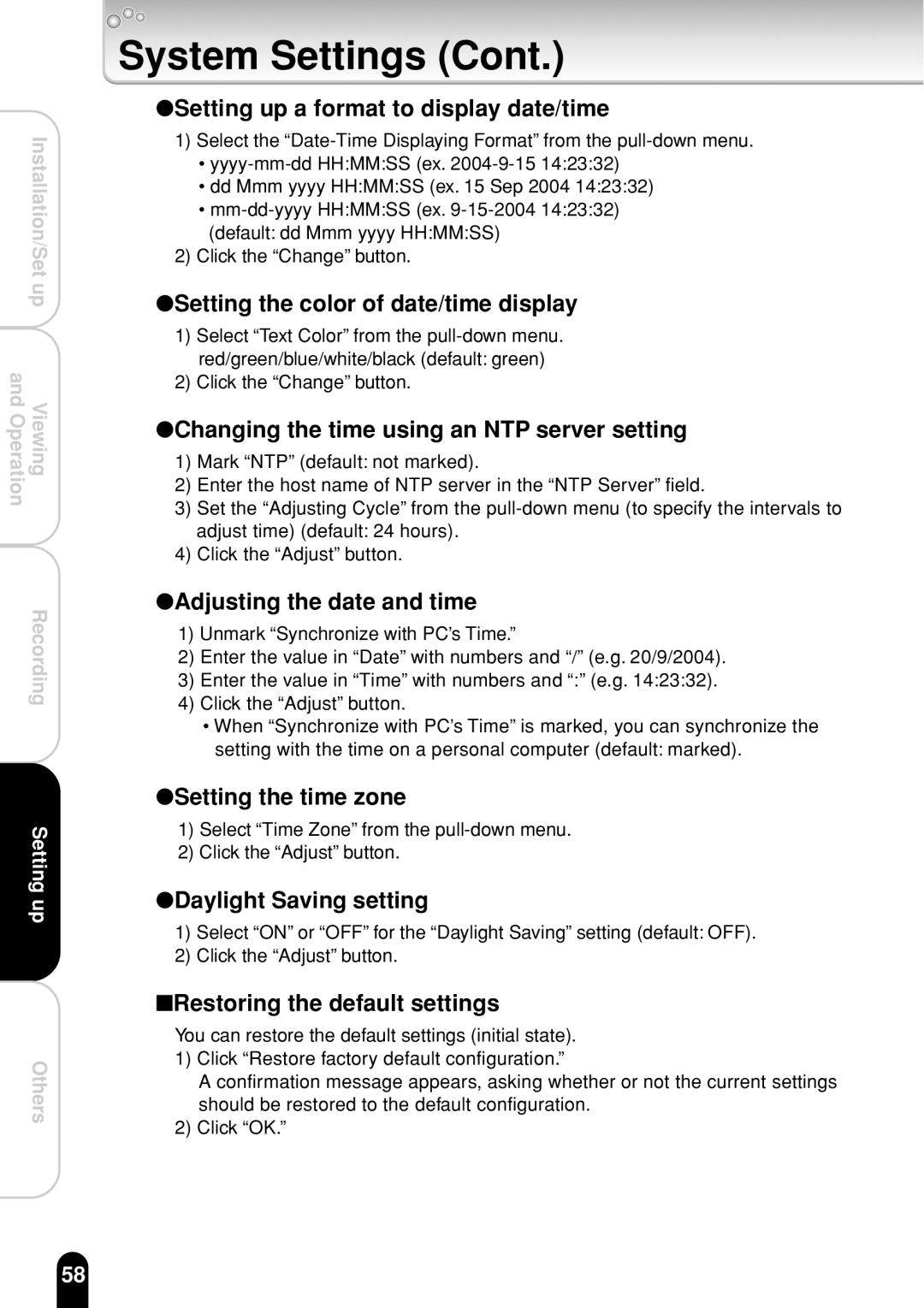 Toshiba IK-WR01A Setting up a format to display date/time, Setting the color of date/time display, Setting the time zone 