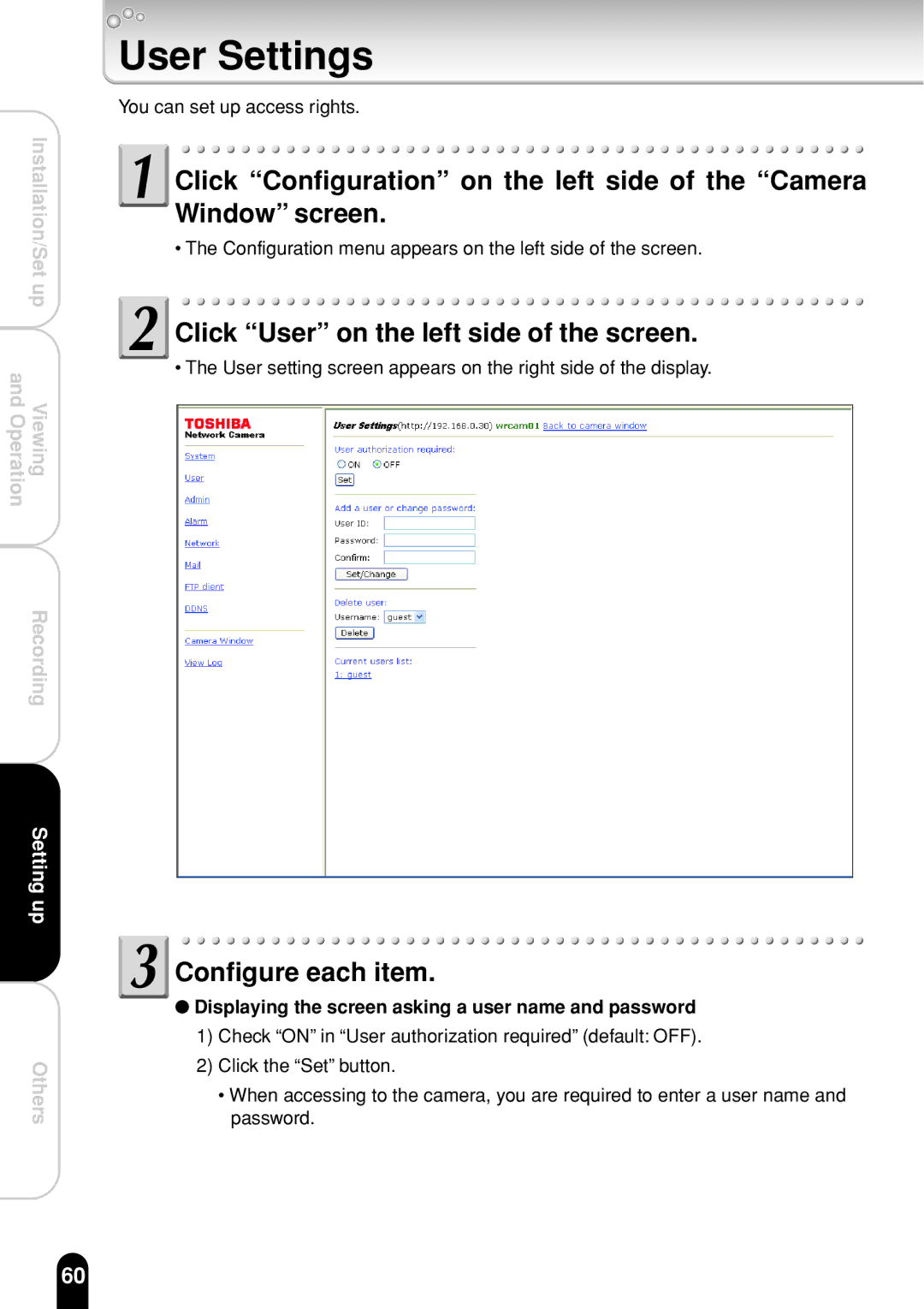 Toshiba IK-WR01A operation manual User Settings, Displaying the screen asking a user name and password 