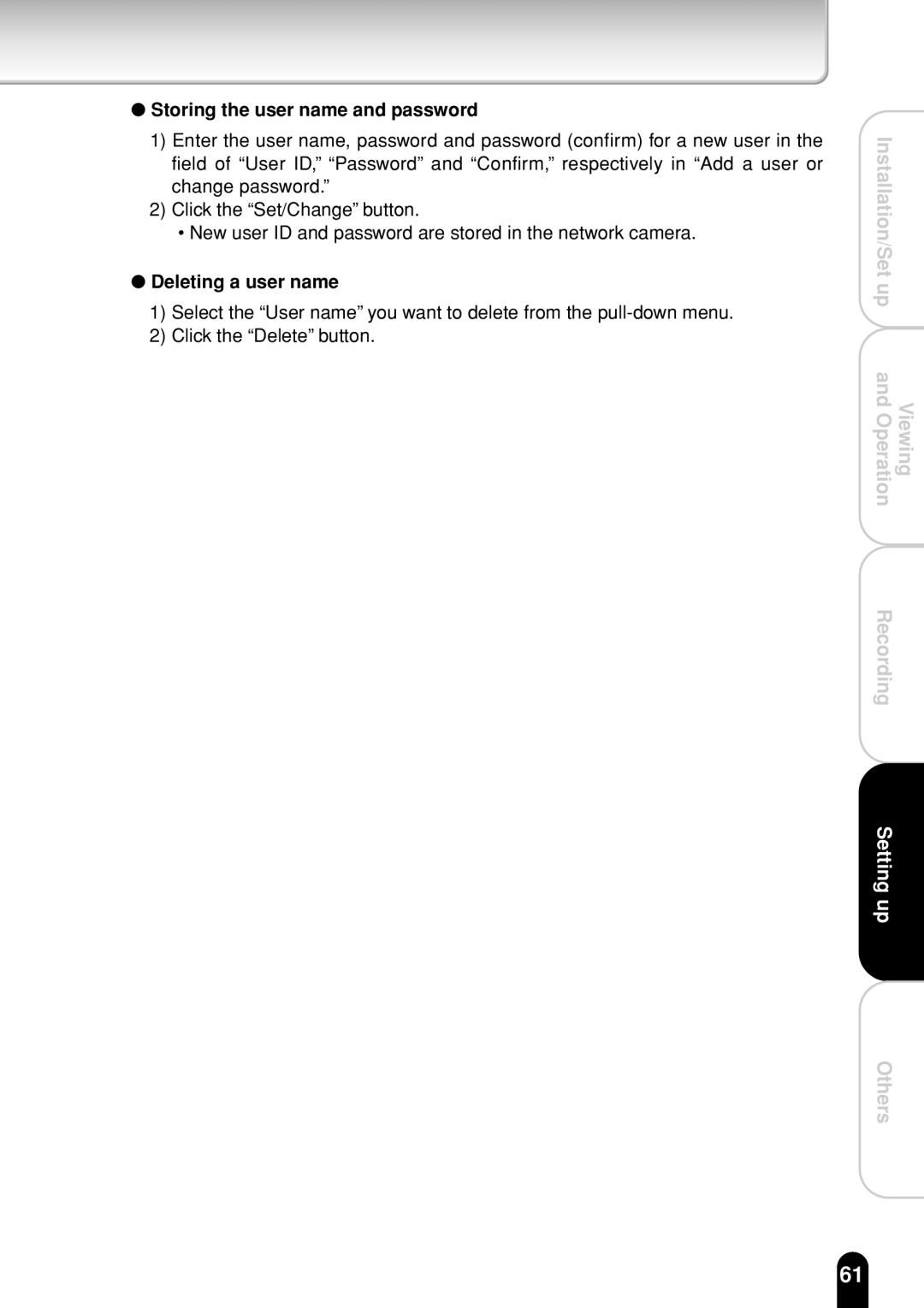 Toshiba IK-WR01A operation manual Storing the user name and password, Deleting a user name 