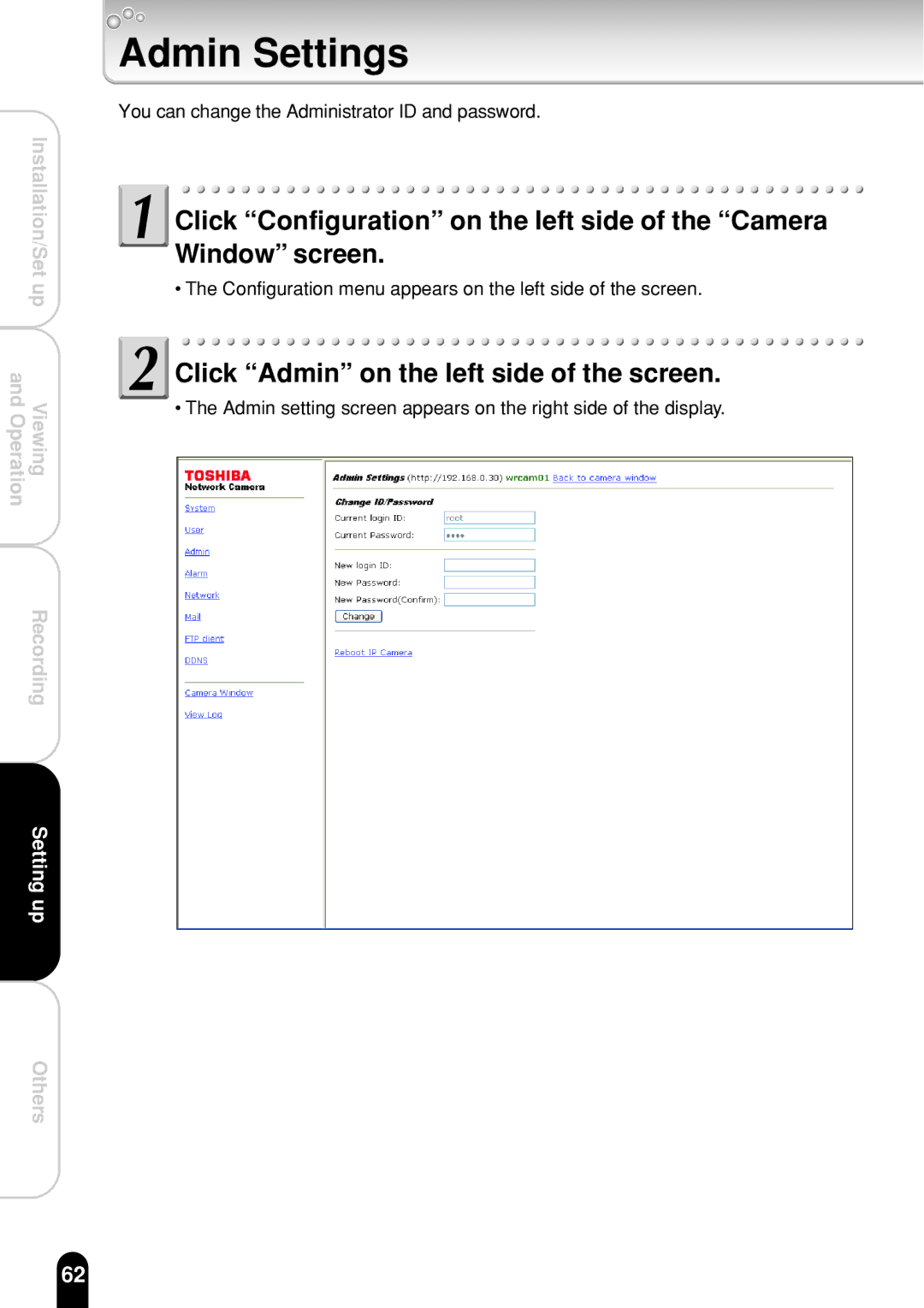 Toshiba IK-WR01A operation manual Admin Settings, Click Admin on the left side of the screen 