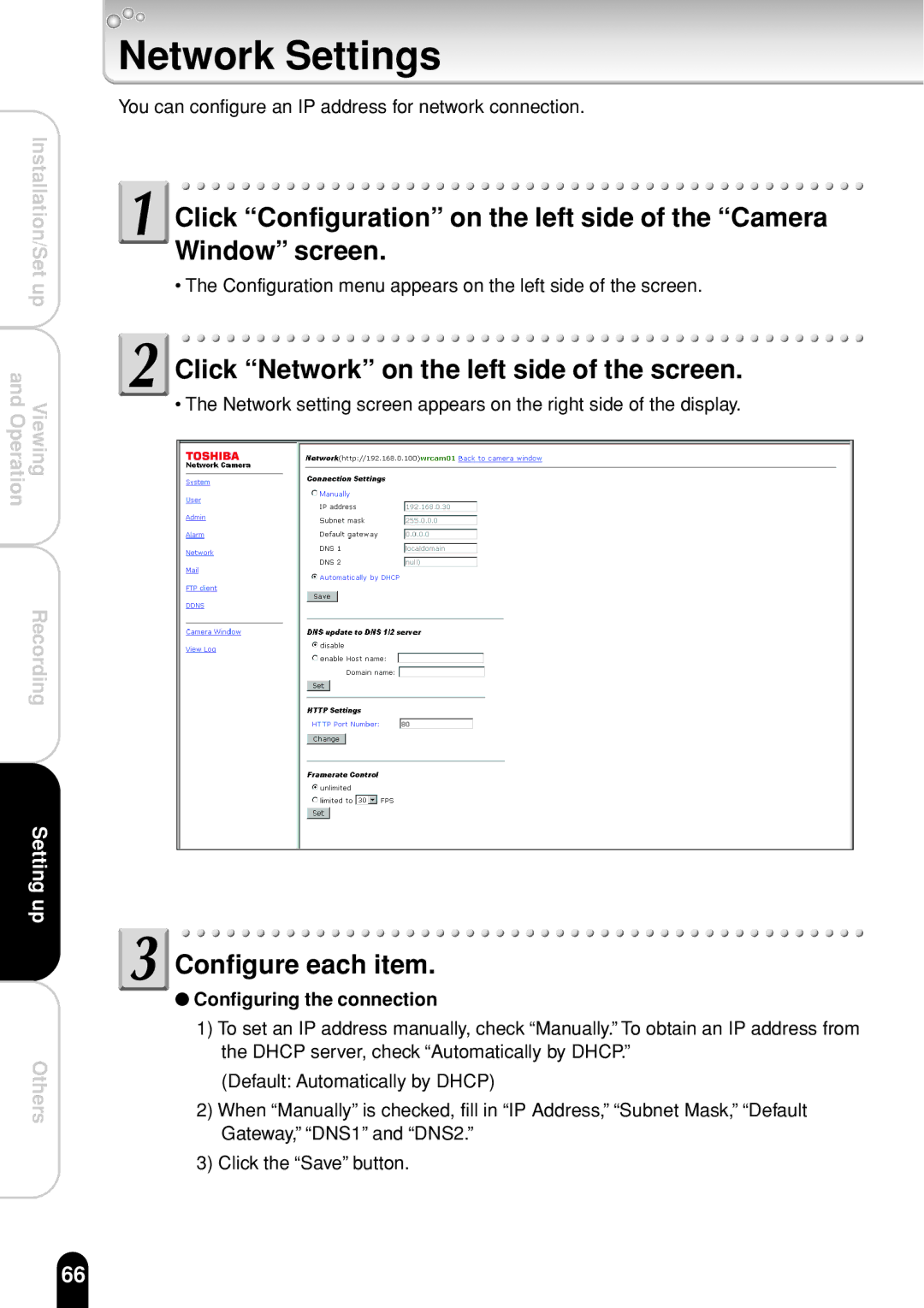 Toshiba IK-WR01A operation manual Network Settings, Configuring the connection 