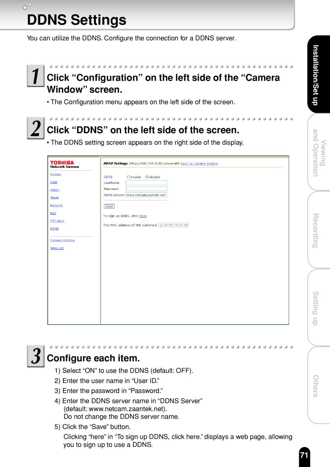 Toshiba IK-WR01A operation manual Ddns Settings, Click Ddns on the left side of the screen 