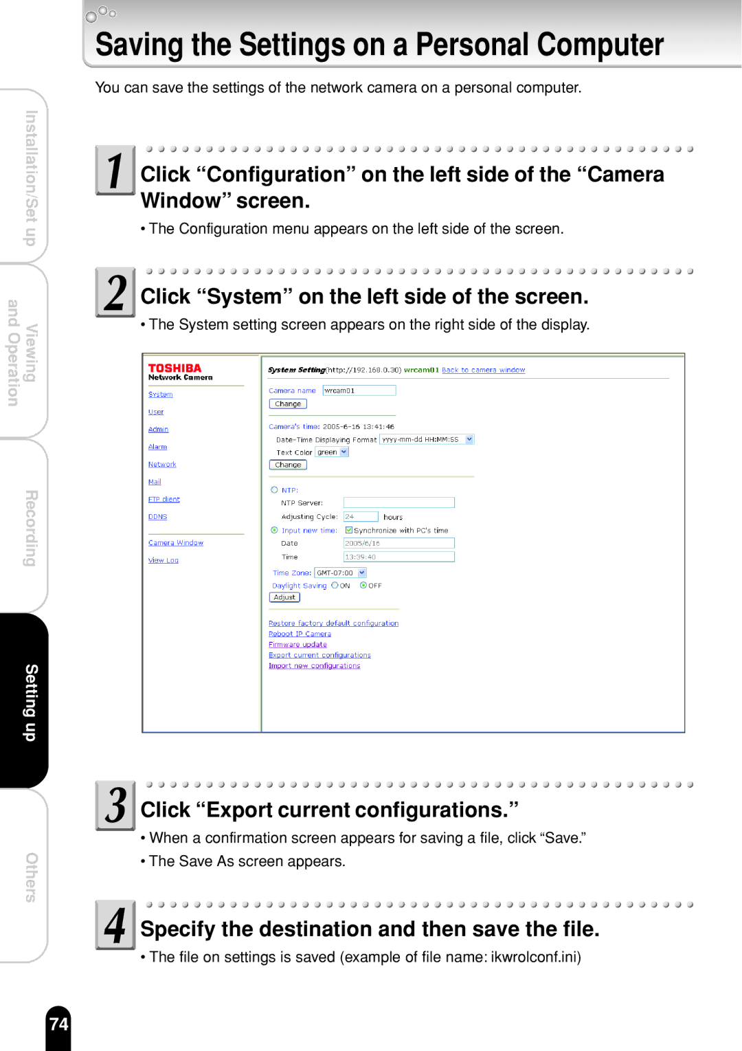 Toshiba IK-WR01A operation manual Click Export current configurations, Specify the destination and then save the file 