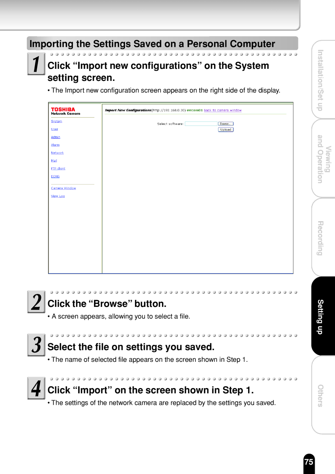 Toshiba IK-WR01A operation manual Select the file on settings you saved, Click Import on the screen shown in Step 