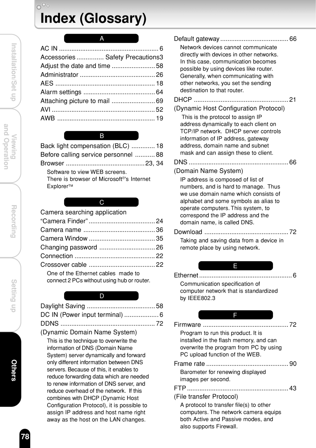 Toshiba IK-WR01A operation manual Index Glossary, Safety Precautions3 