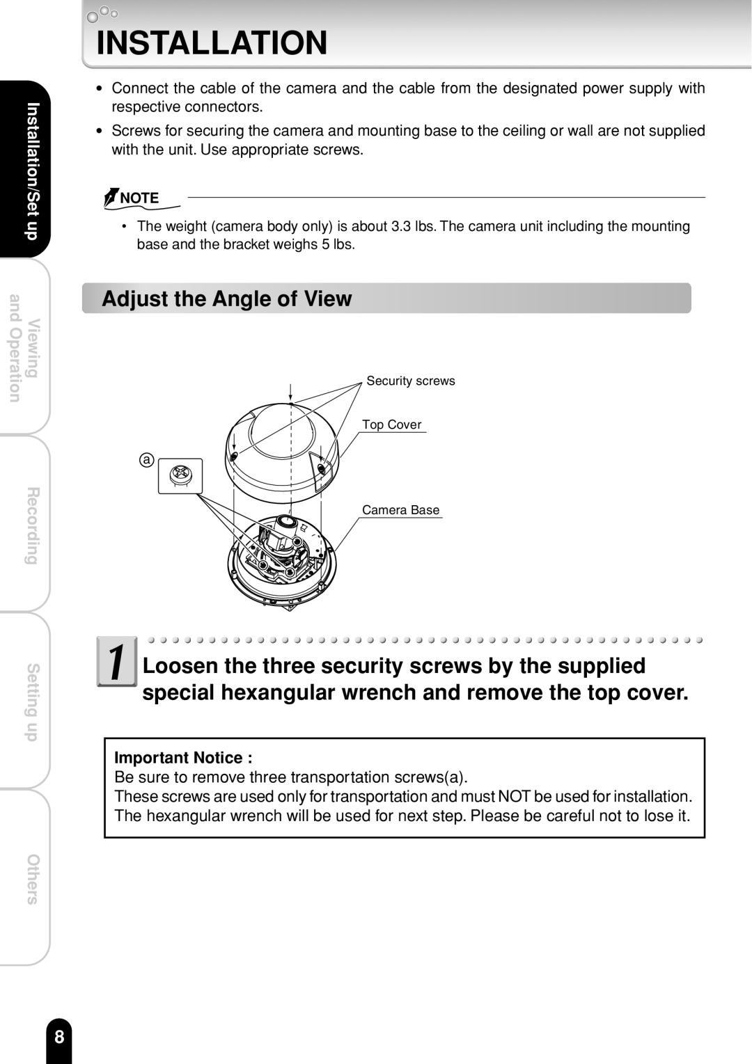 Toshiba IK-WR01A operation manual Installation, Adjust the Angle of View 