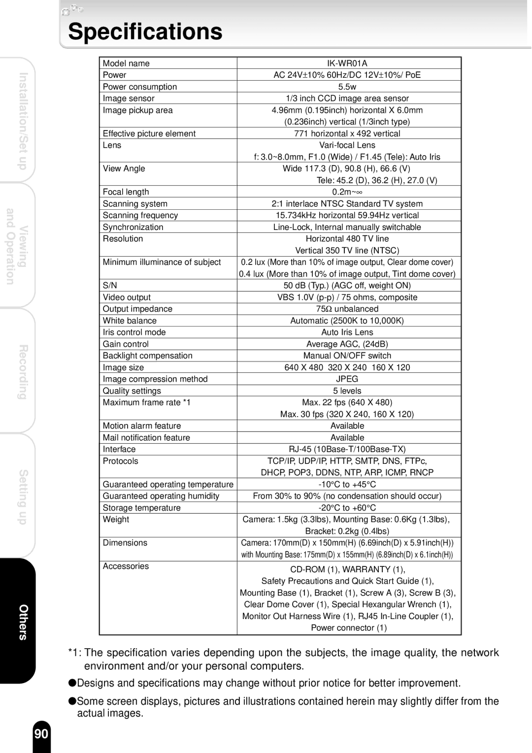 Toshiba IK-WR01A operation manual Specifications 