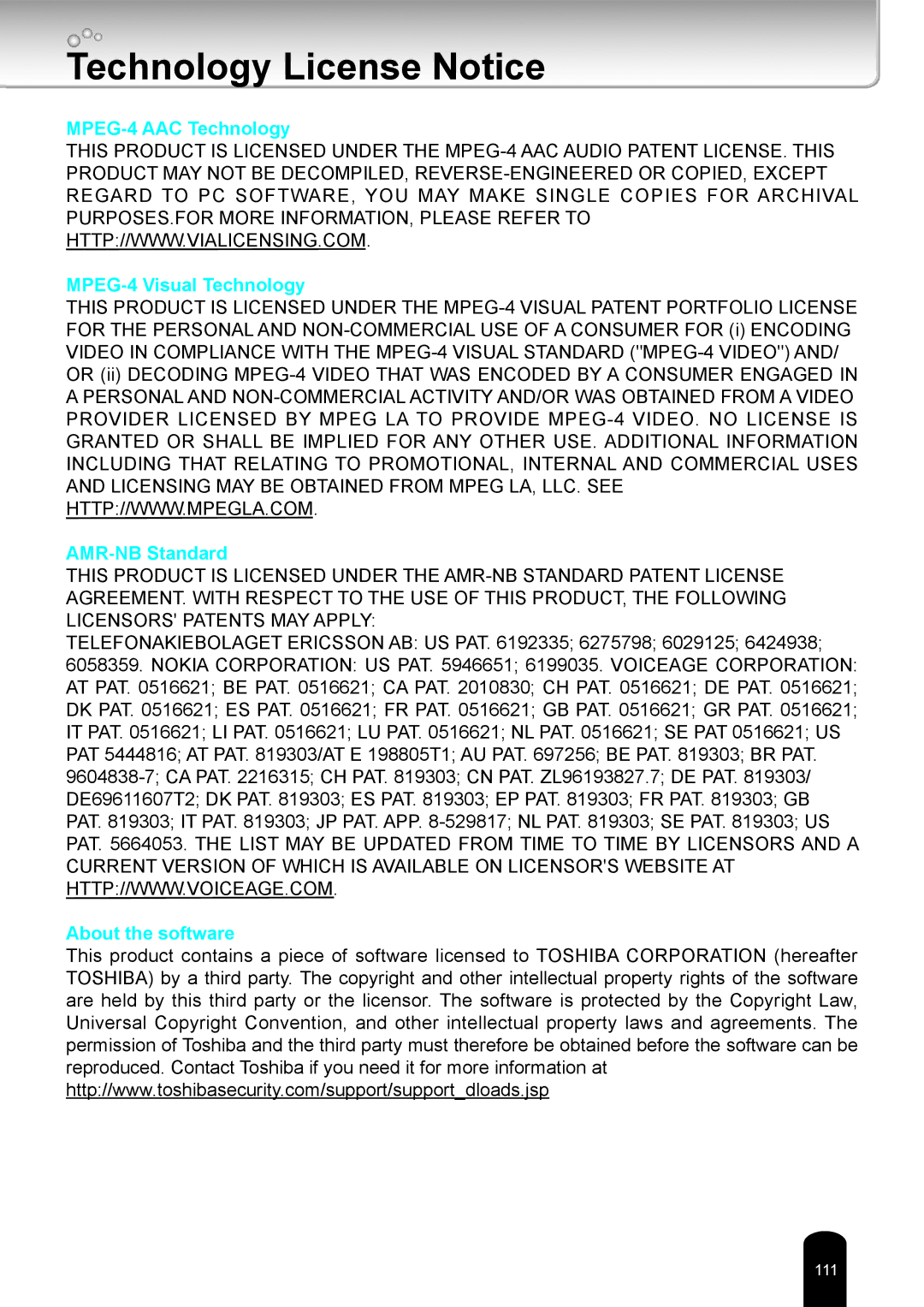 Toshiba IK-WR05A user manual Technology License Notice 